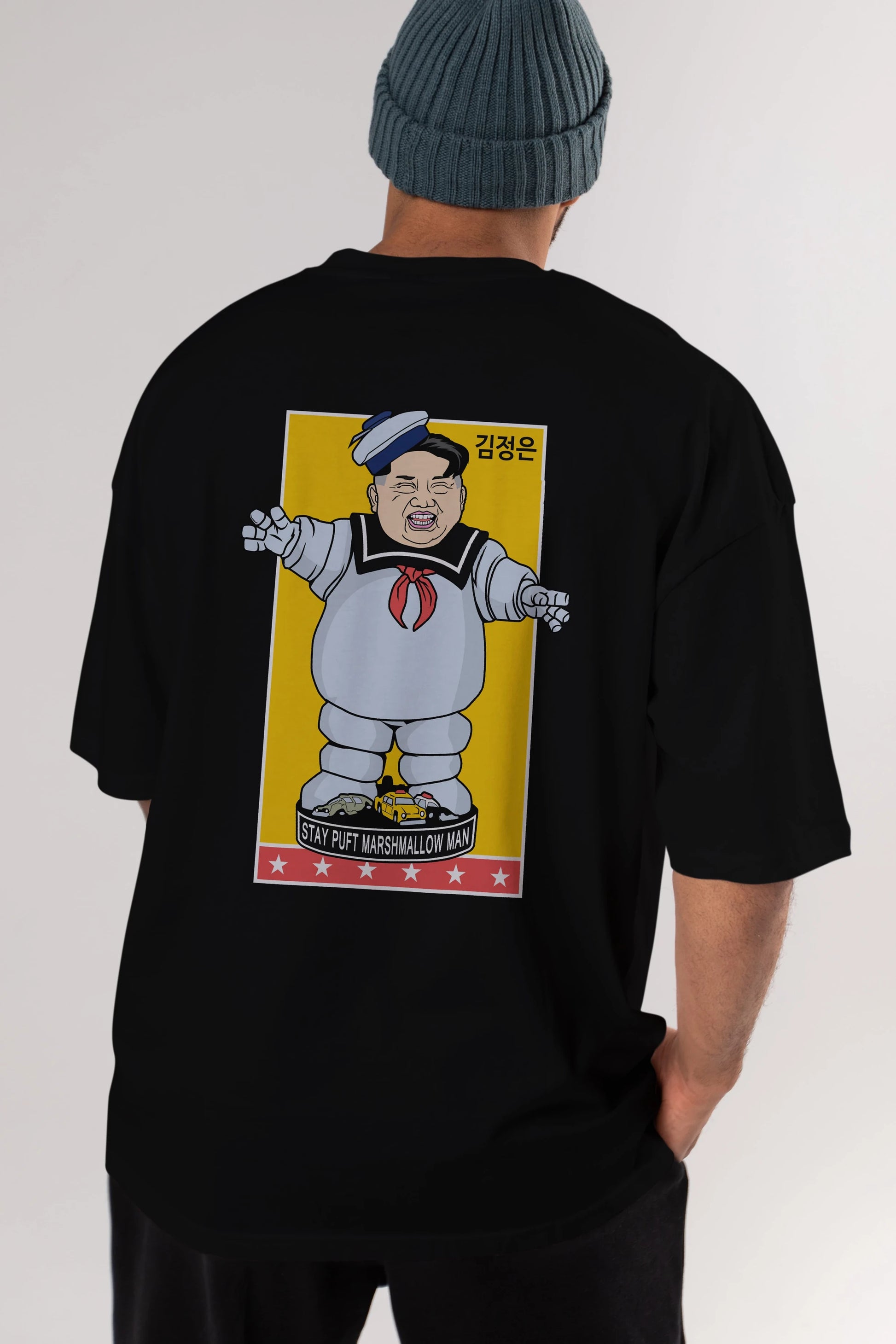 Stay Puft Jong Un Arka Baskılı Oversize t-shirt Erkek Kadın Unisex %100 Pamuk tişort