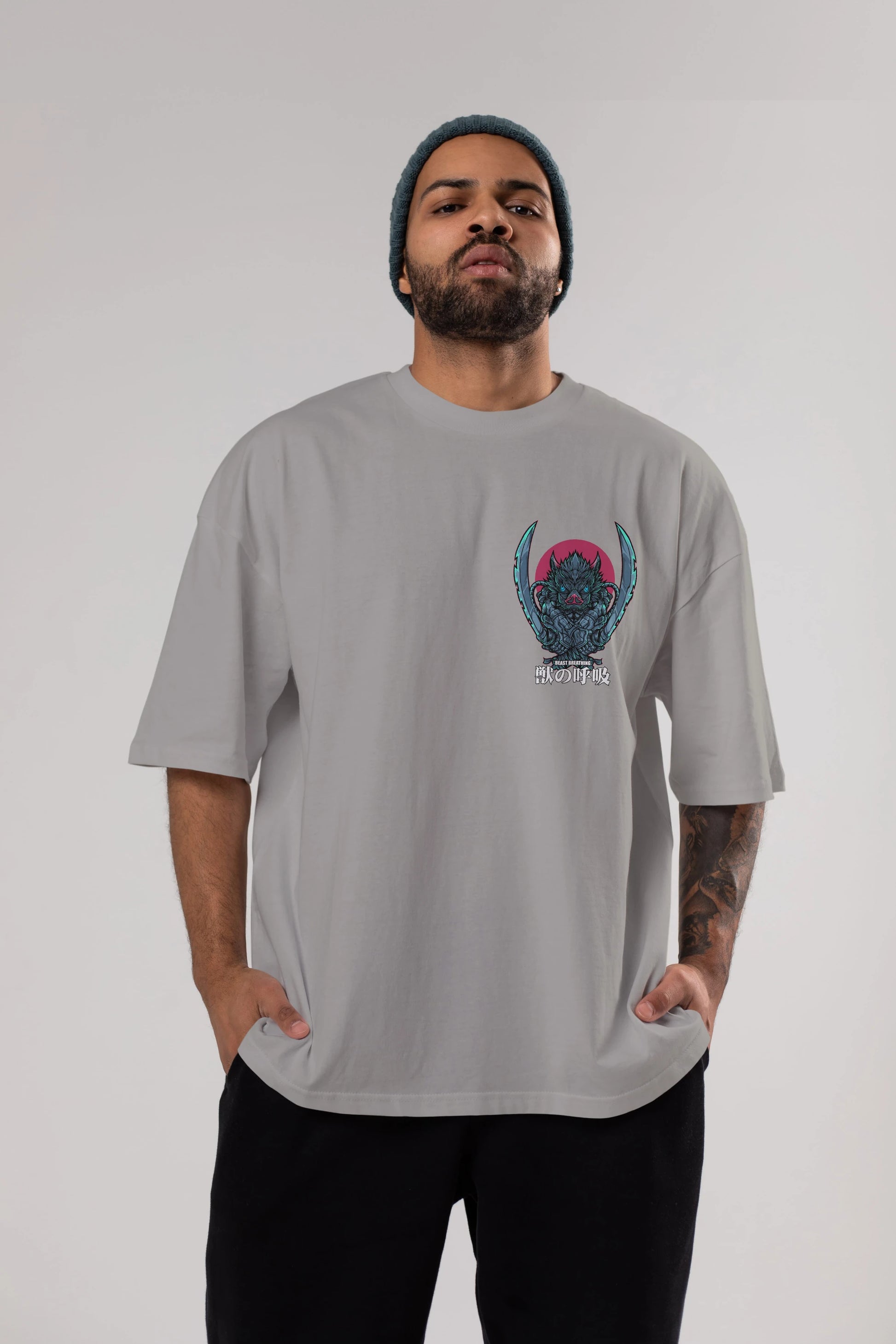 Inosuke DEMON SLAYER Ön Sol Baskılı Oversize t-shirt Erkek Kadın Unisex %100 Pamuk Bisiklet Yaka tişort