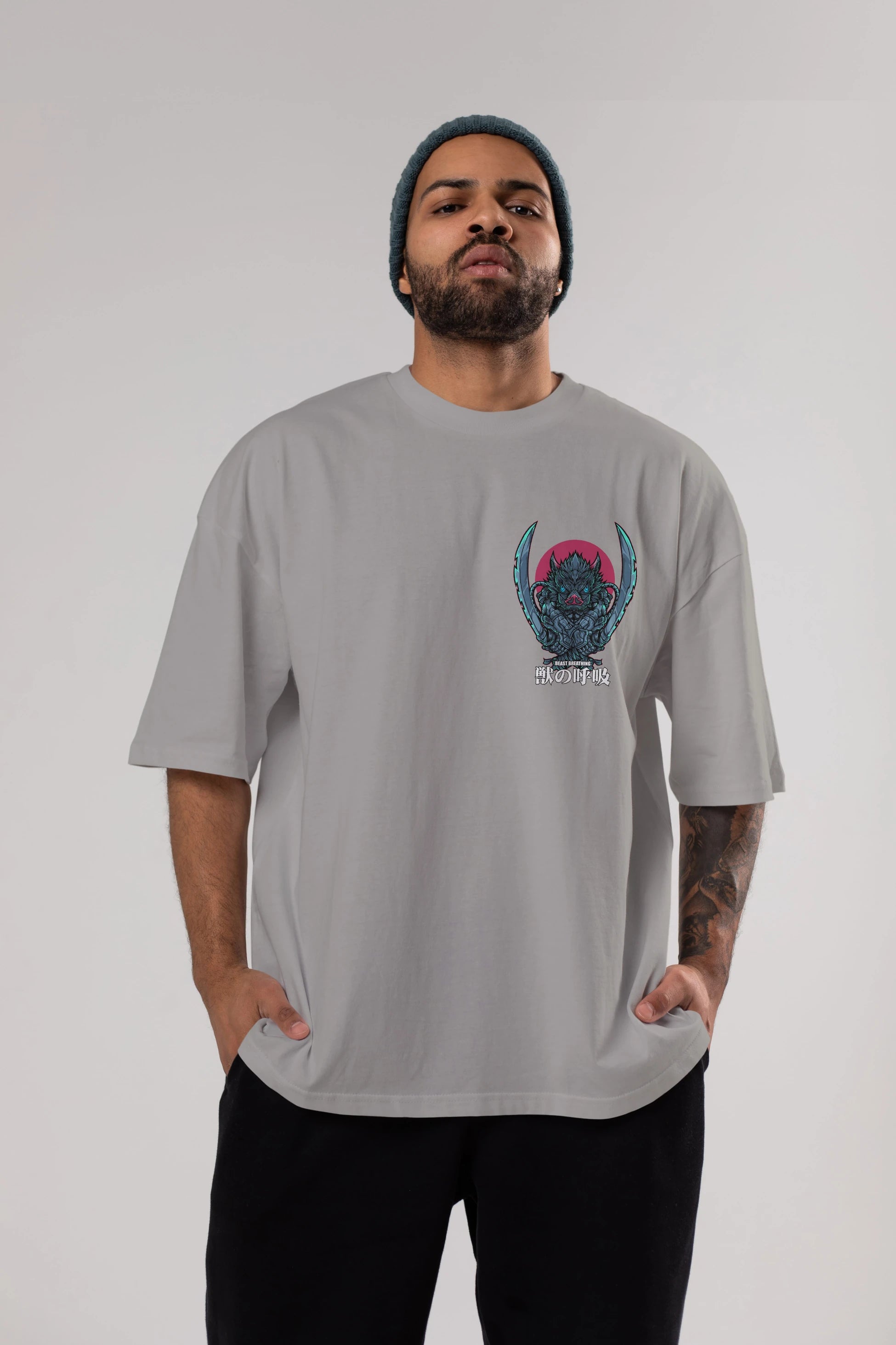Inosuke DEMON SLAYER Ön Sol Baskılı Oversize t-shirt Erkek Kadın Unisex %100 Pamuk Bisiklet Yaka tişort