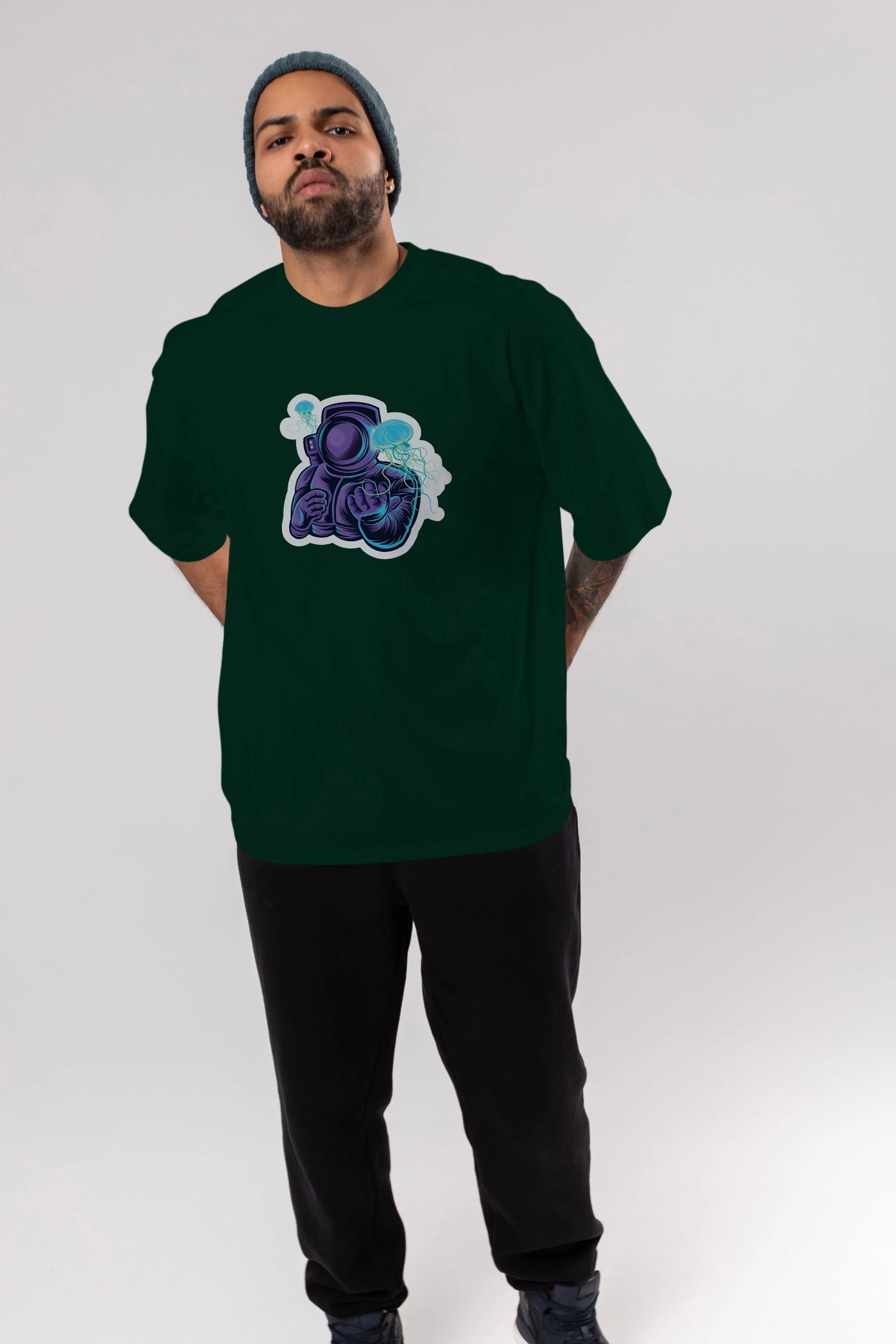 Astronaut and Jellyfish Sticker Ön Baskılı Oversize t-shirt Erkek Kadın Unisex
