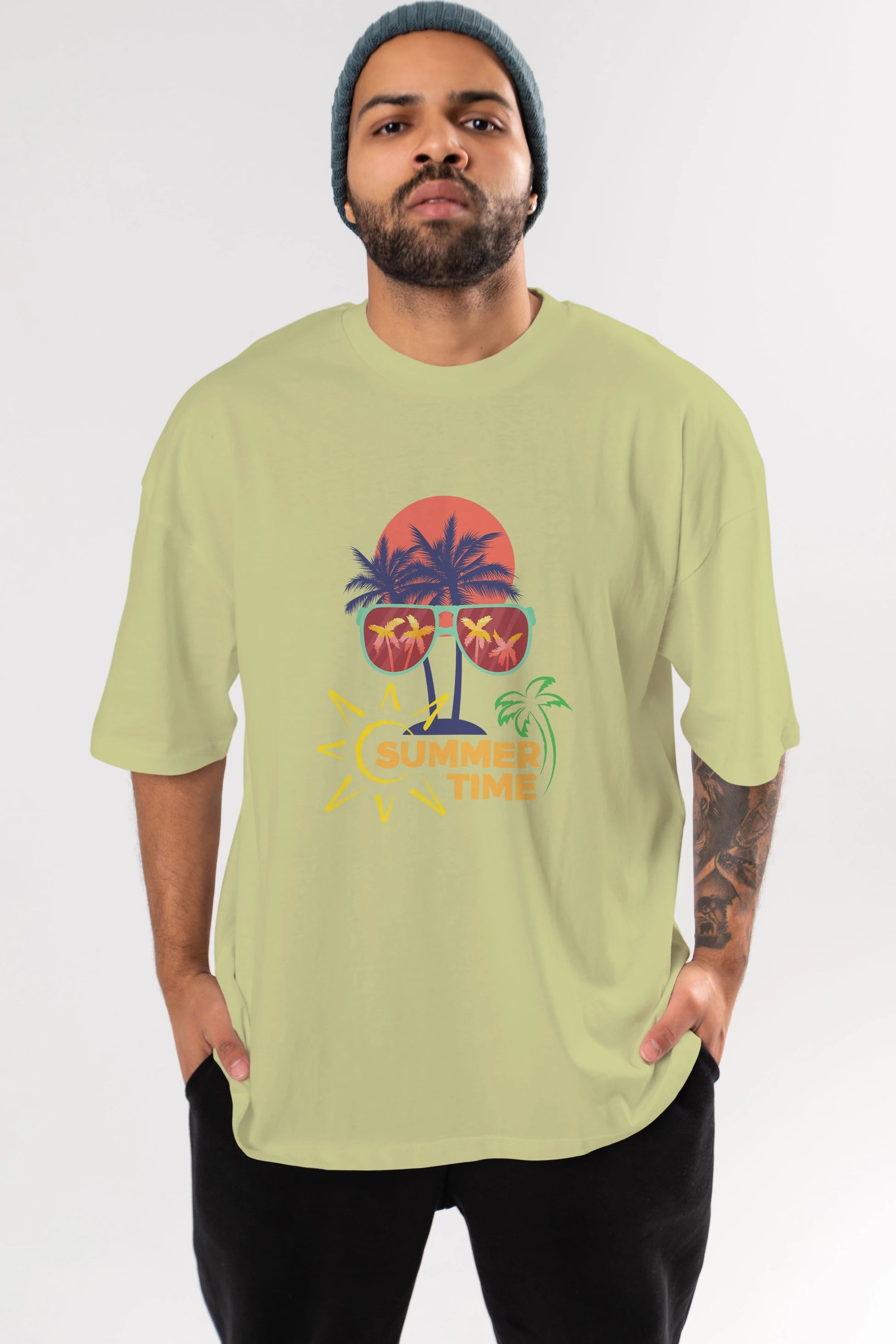Summer Time Yazılı Ön Baskılı Oversize t-shirt Erkek Kadın Unisex
