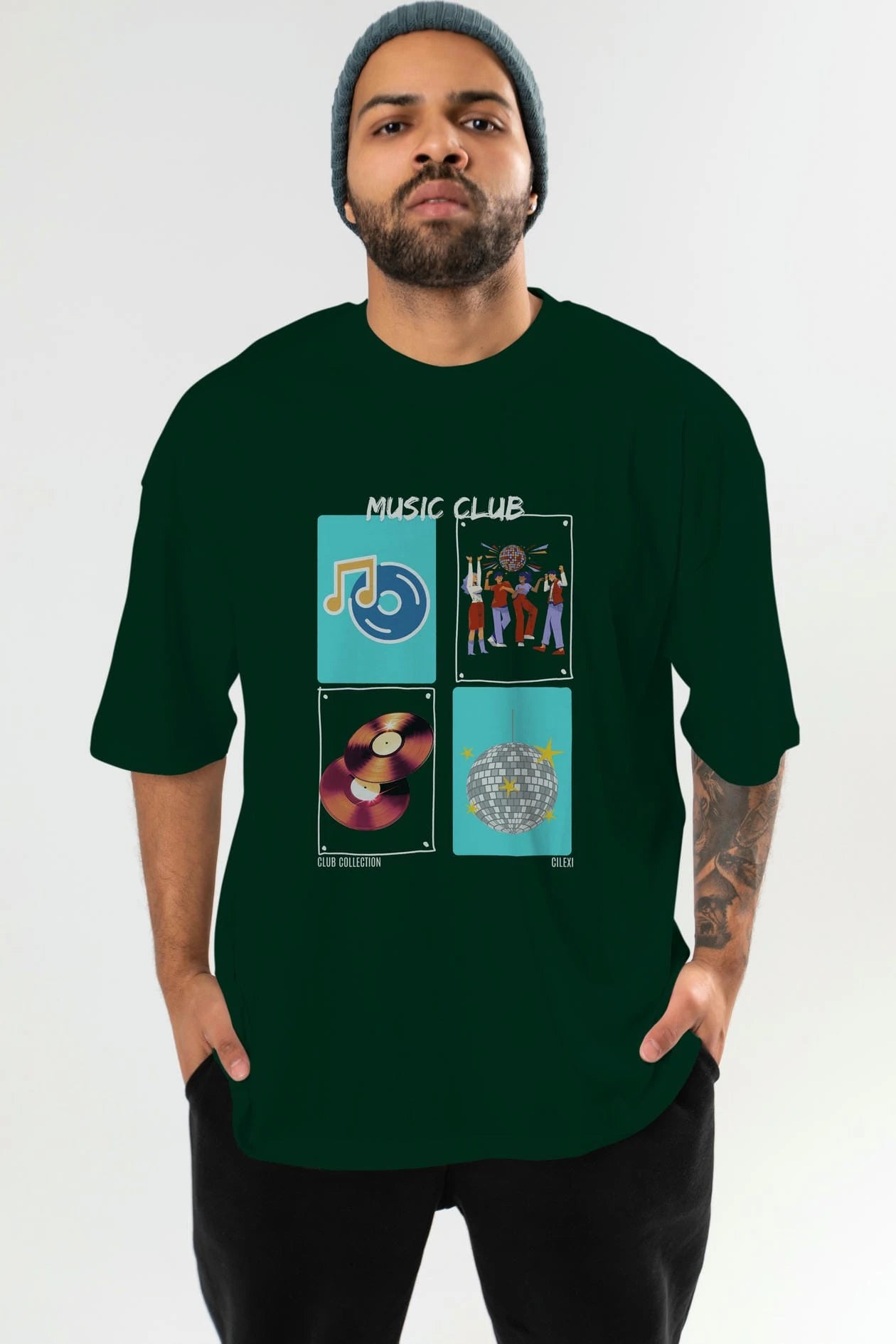 Music Club ön Baskılı Oversize t-shirt Erkek Kadın %100 Pamuk Bisiklet Yaka tişort