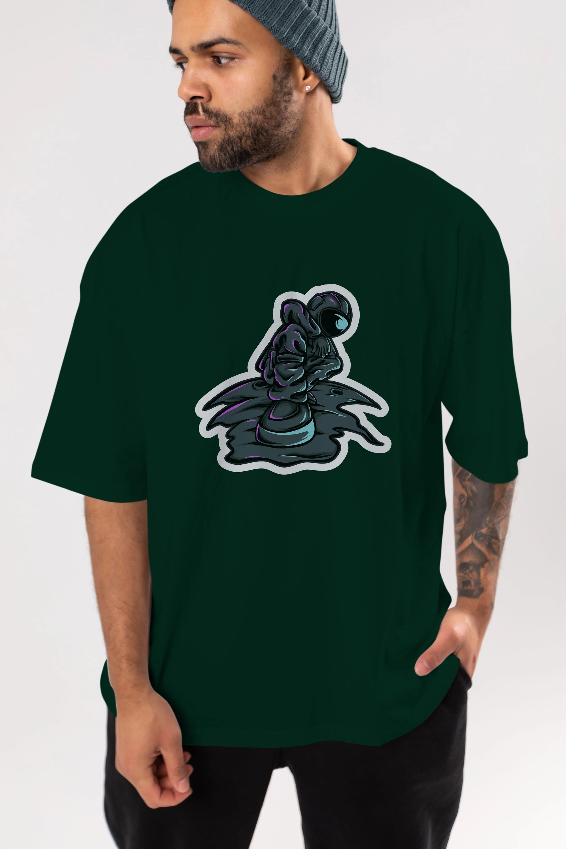 Stylish Astronaut Sticker Ön Baskılı Oversize t-shirt Erkek Kadın Unisex