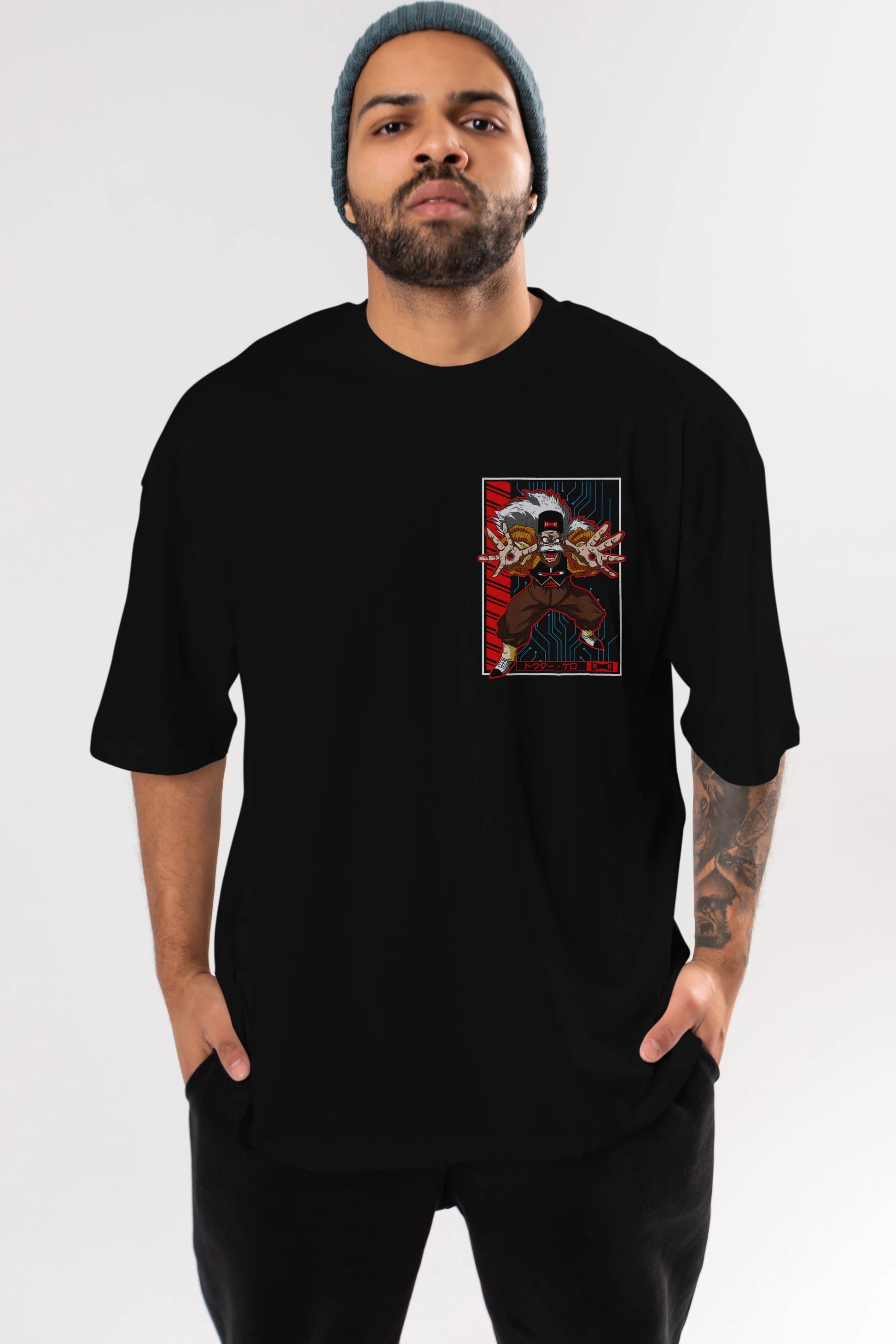 DragonBall DrMakigero Ön Sol Baskılı Oversize t-shirt Erkek Kadın Unisex %100 Pamuk Bisiklet Yaka tişort