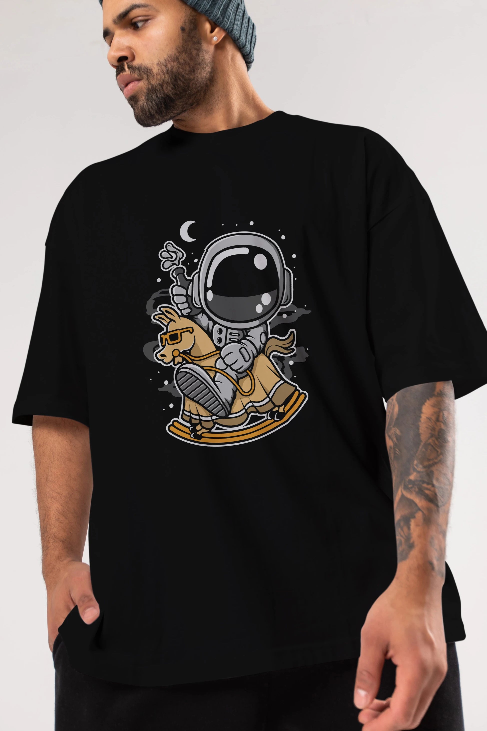 Astronaut RidingToy Horse Ön Baskılı Oversize t-shirt Erkek Kadın Unisex