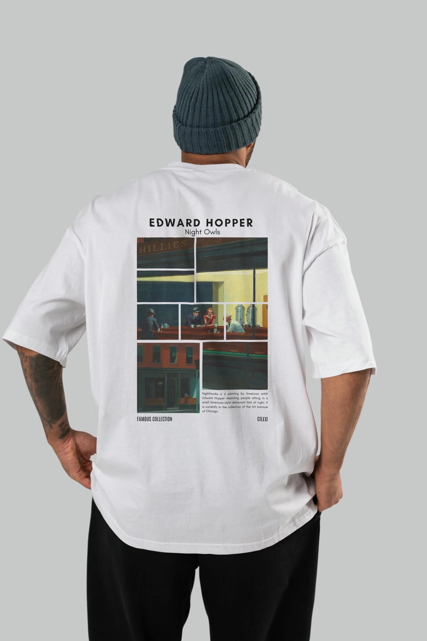 Edward Hopper Night Owls Arka Baskılı Oversize t-shirt Erkek Kadın Bisiklet Yaka Pamuk tişort