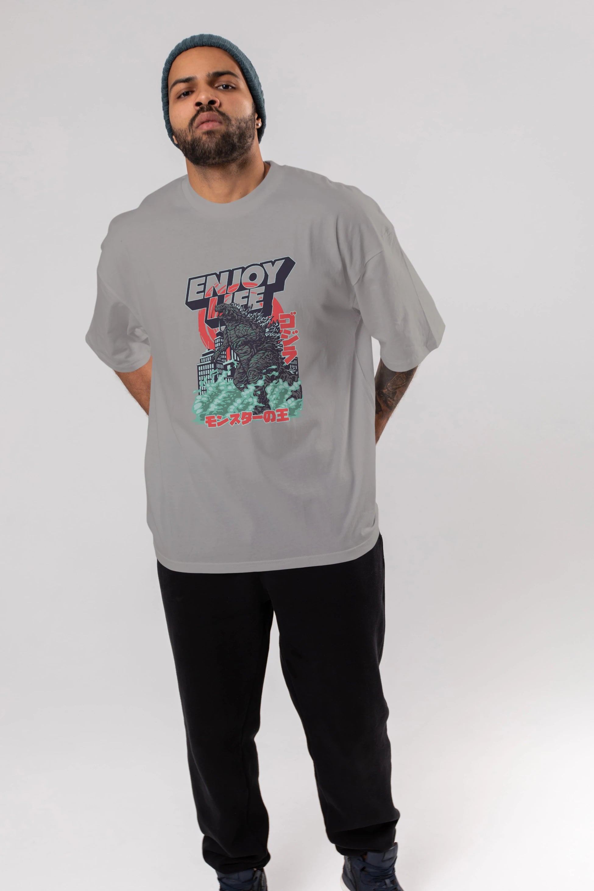 Godzilla Ön Baskılı Oversize t-shirt Erkek Kadın Unisex %100 Pamuk Bisiklet Yaka tişort