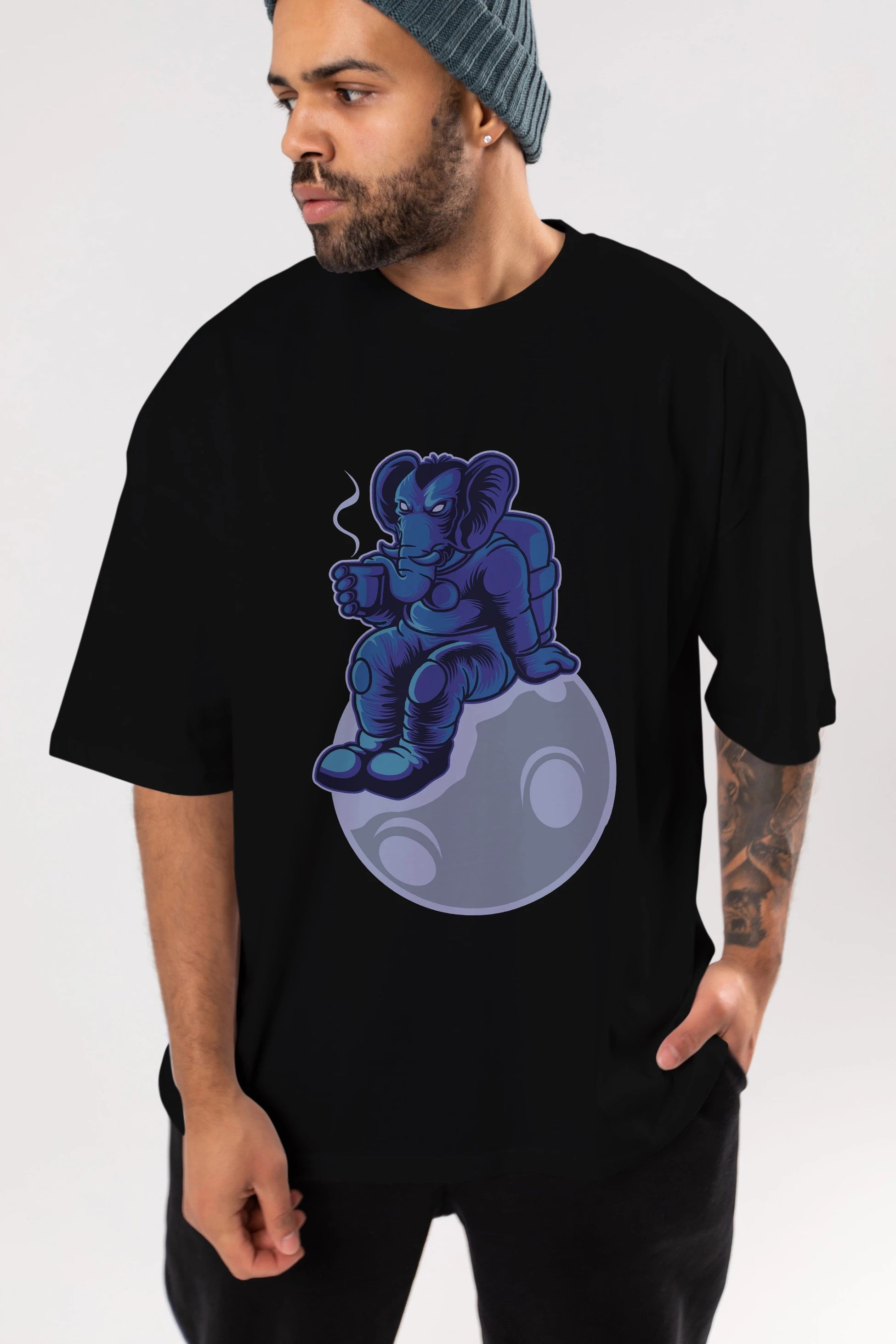 Space Elephant Drink Coffee Ön Baskılı Oversize t-shirt Erkek Kadın Unisex