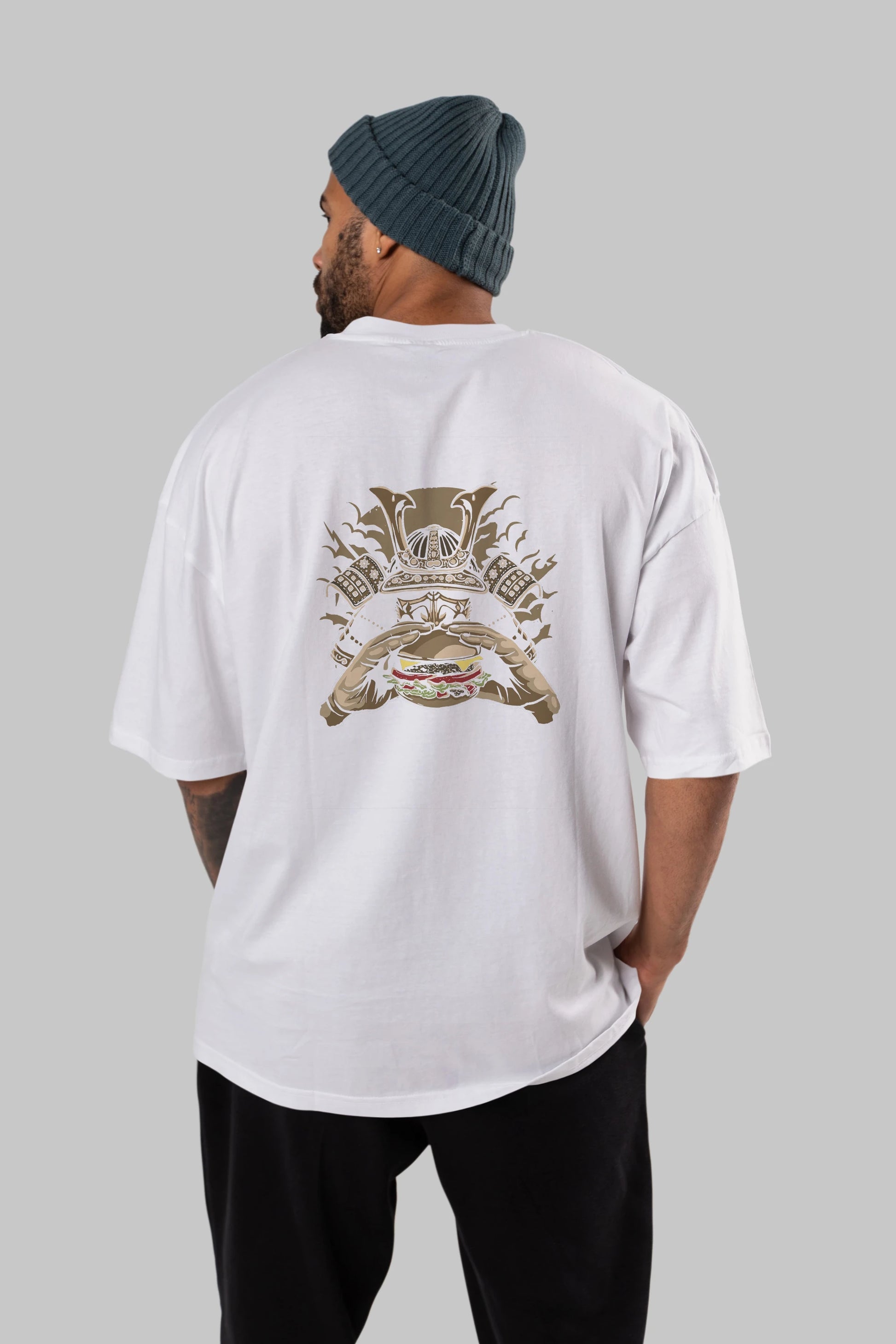 Samurai Burger Arka Baskılı Oversize t-shirt Erkek Kadın Unisex %100 Pamuk
