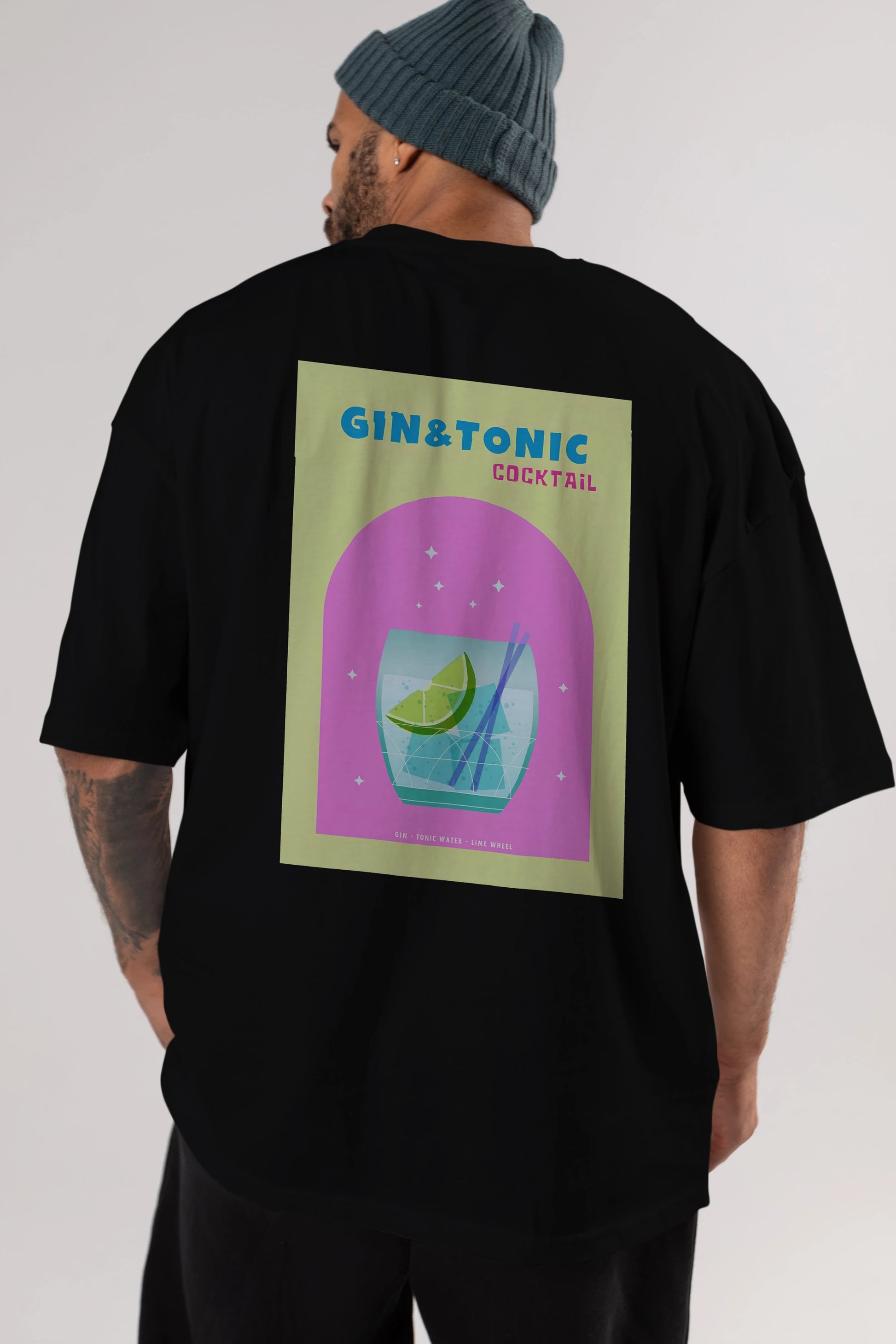 Gin Tonic Cocktail Arka Baskılı Oversize t-shirt Erkek Kadın Unisex %100 Pamuk Bisiklet Yaka tişort