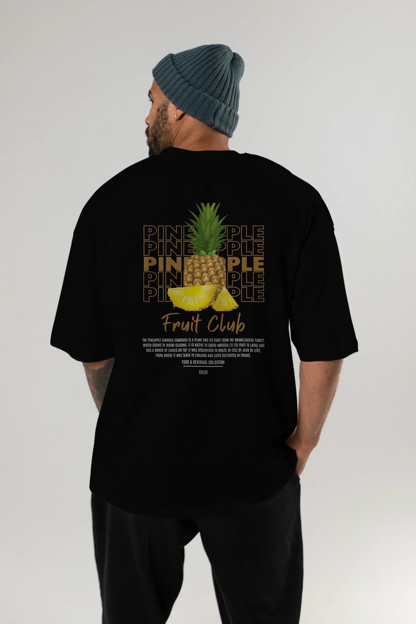 Pineapple Arka Baskılı Oversize t-shirt Erkek Kadın Pamuk Bisiklet Yaka tişort