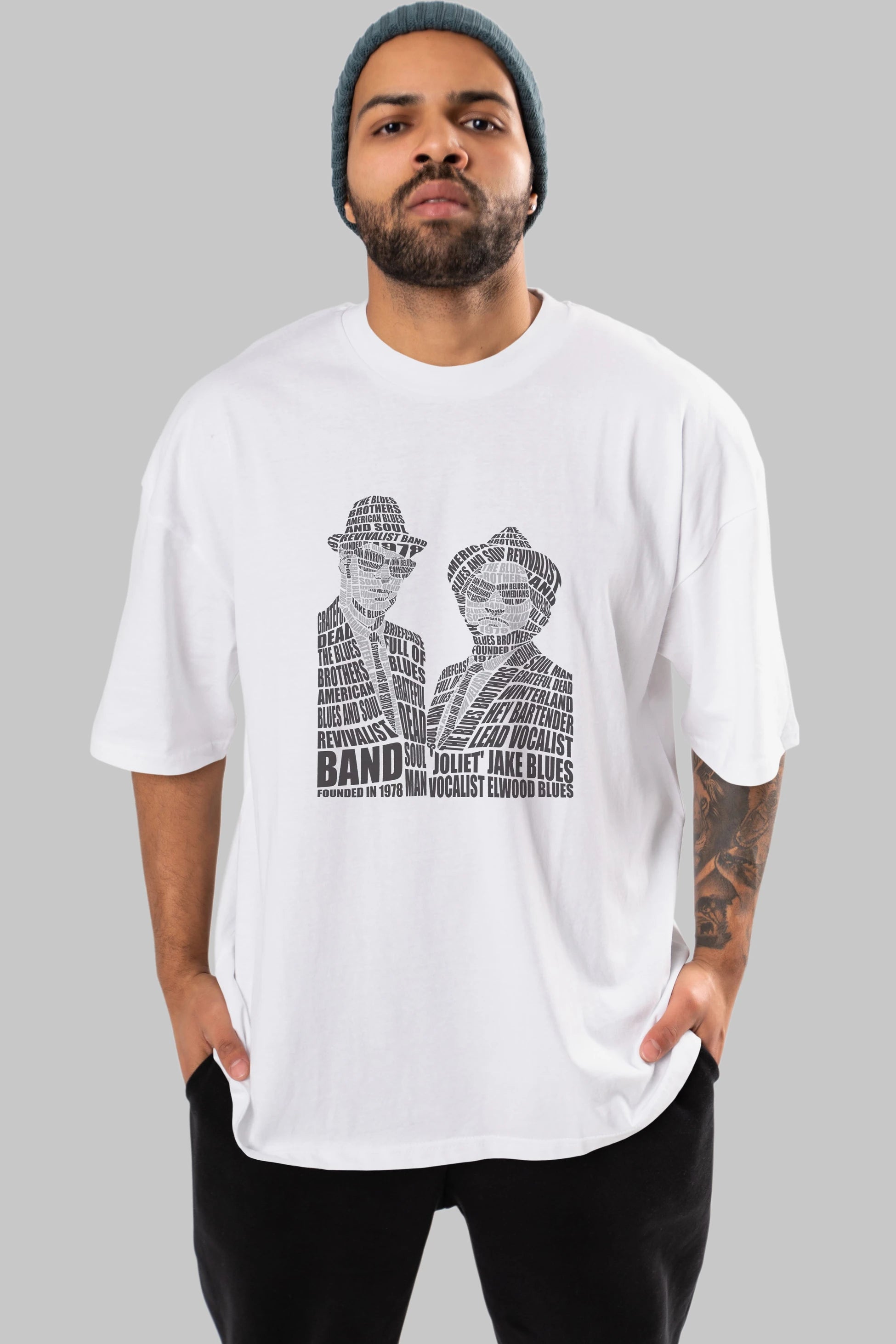 Blues Brothers Calligram Ön Baskılı Oversize t-shirt %100 pamuk Erkek Kadın Unisex