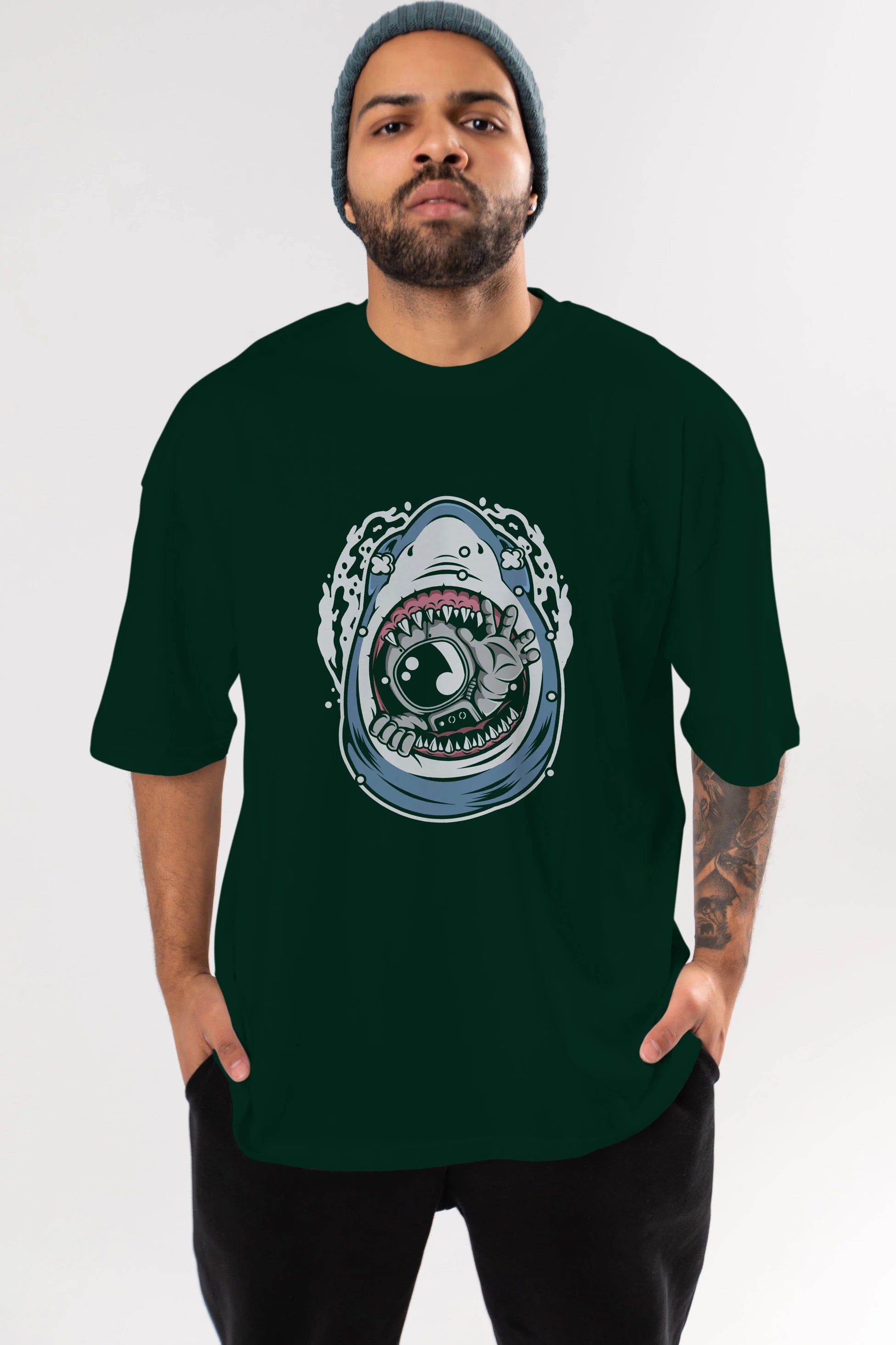 Astronaut Shark Ön Baskılı Oversize t-shirt Erkek Kadın Unisex
