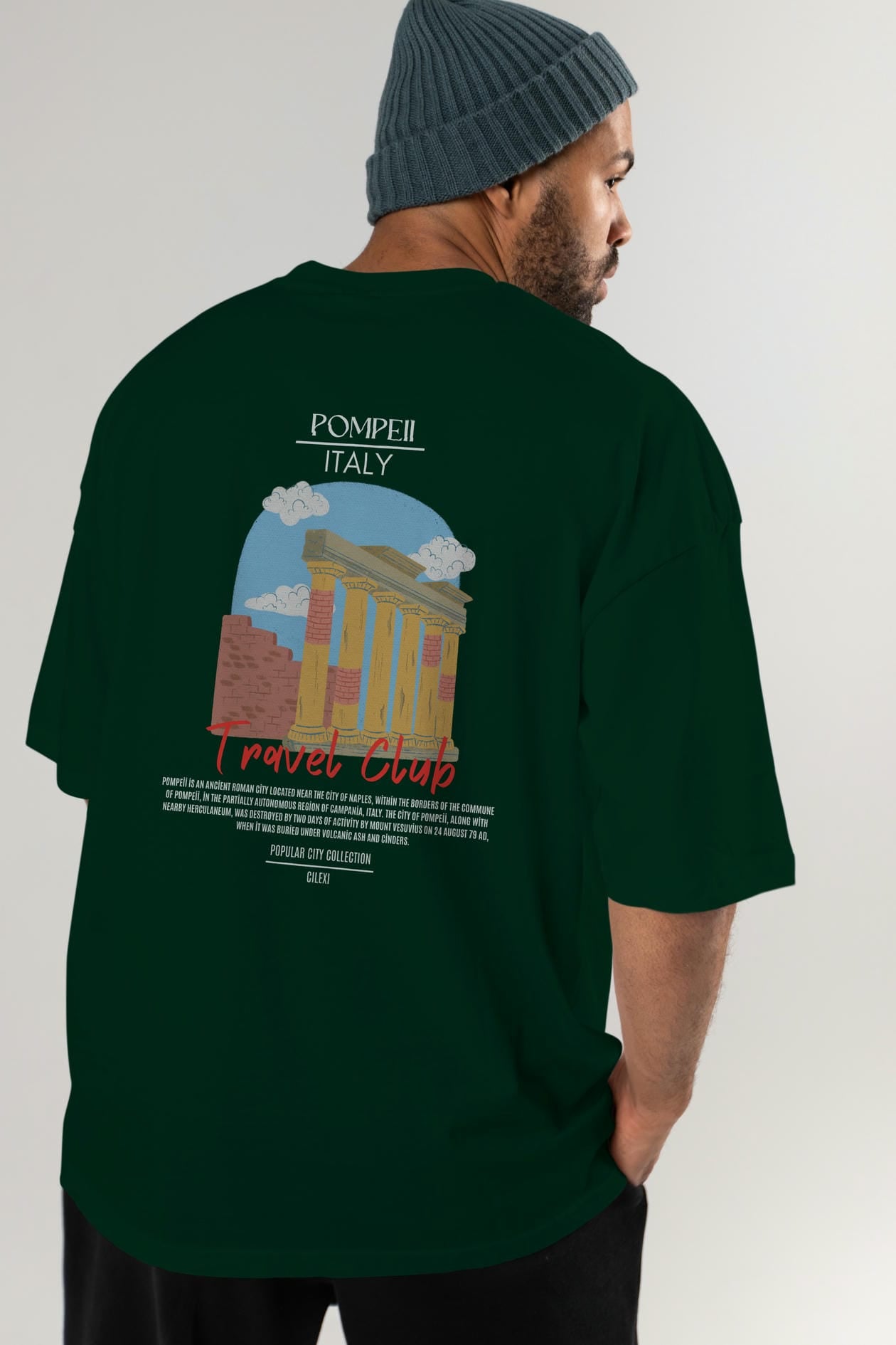 Pompeii İtaly Arka Baskılı Oversize t-shirt Erkek Kadın Pamuk Bisiklet Yaka tişort