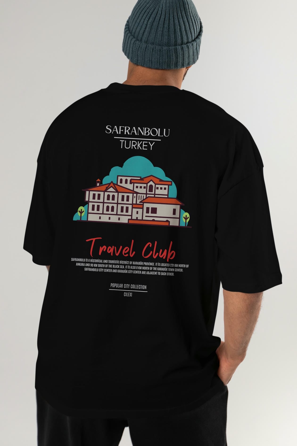 Safranbolu Turkey Arka Baskılı Oversize t-shirt Erkek Kadın Pamuk Bisiklet Yaka tişort
