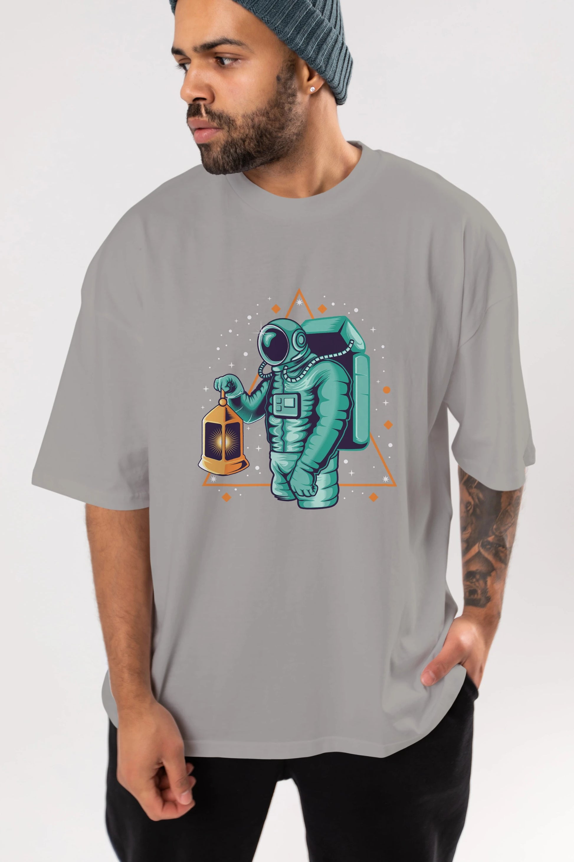 Astronaut Lantern Ön Baskılı Oversize t-shirt Erkek Kadın Unisex