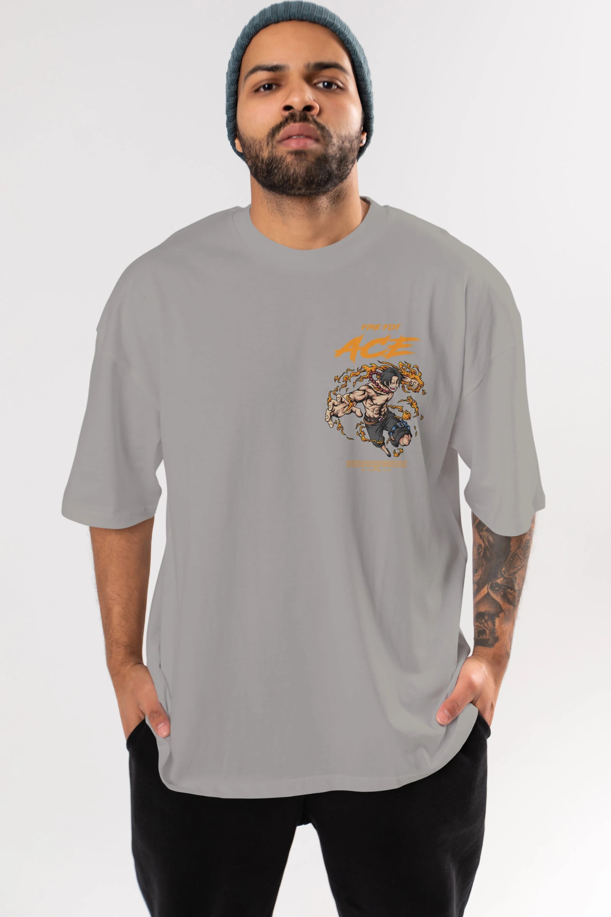 Fire Fist Ace Ön Sol Baskılı Oversize t-shirt Erkek Kadın Unisex %100 Pamuk Bisiklet Yaka tişort