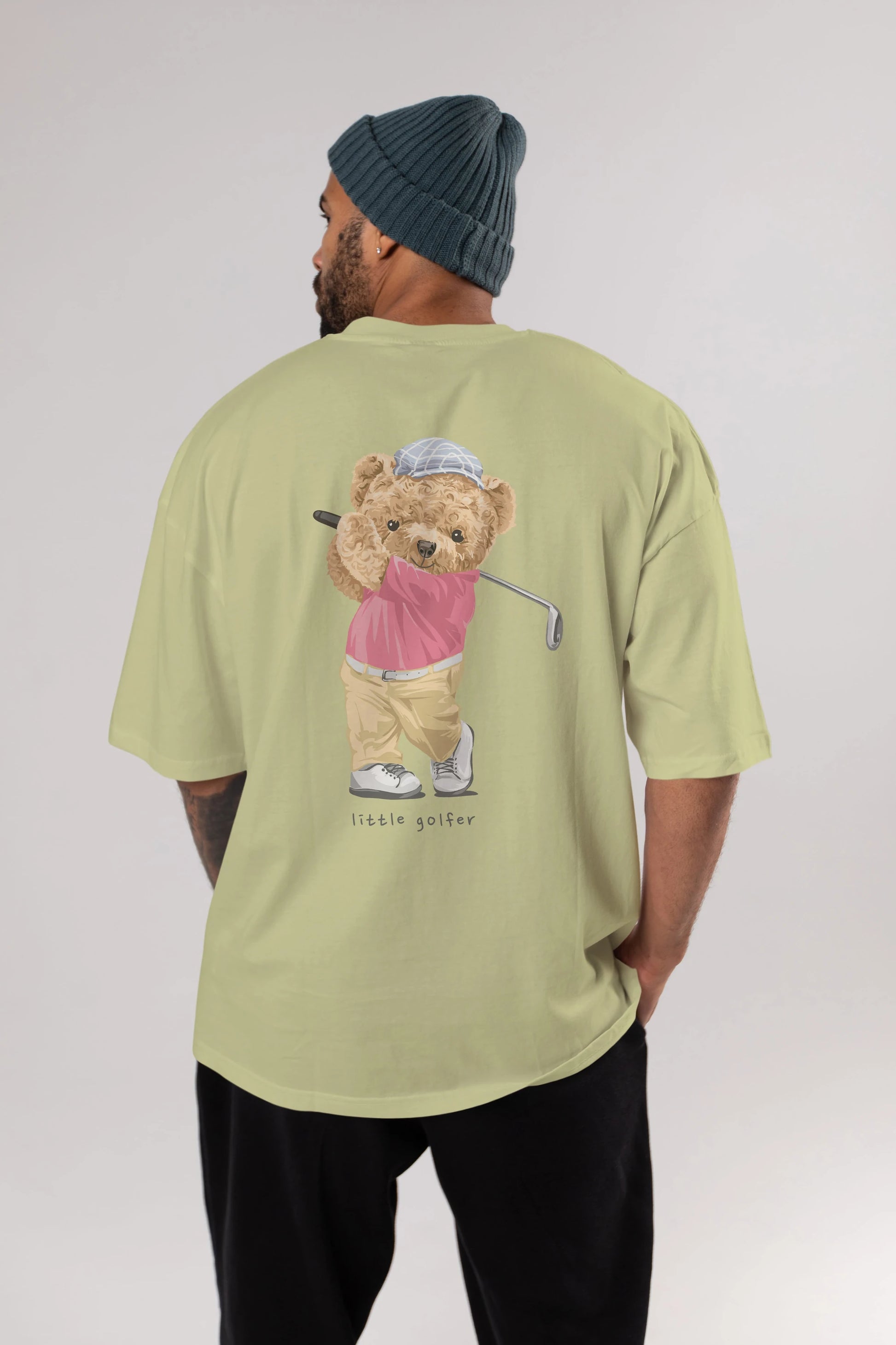 Teddy Bear Little Golfer Arka Baskılı Oversize t-shirt Erkek Kadın Unisex %100 Pamuk