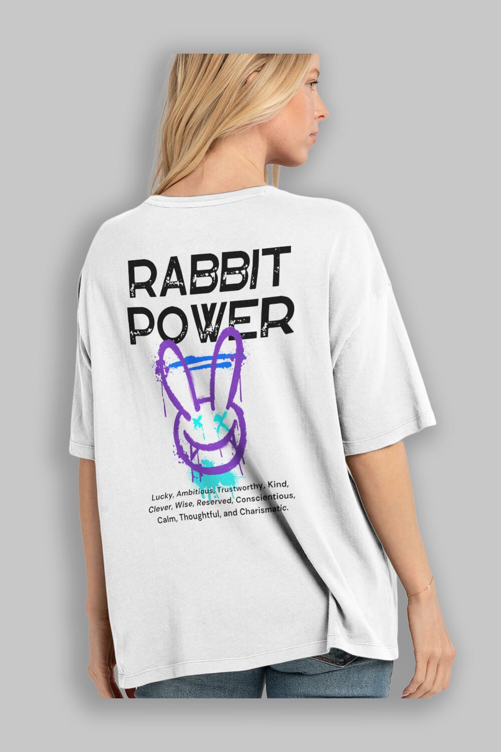 Rabbit Power Yazılı Arka Baskılı Oversize t-shirt Erkek Kadın Unisex