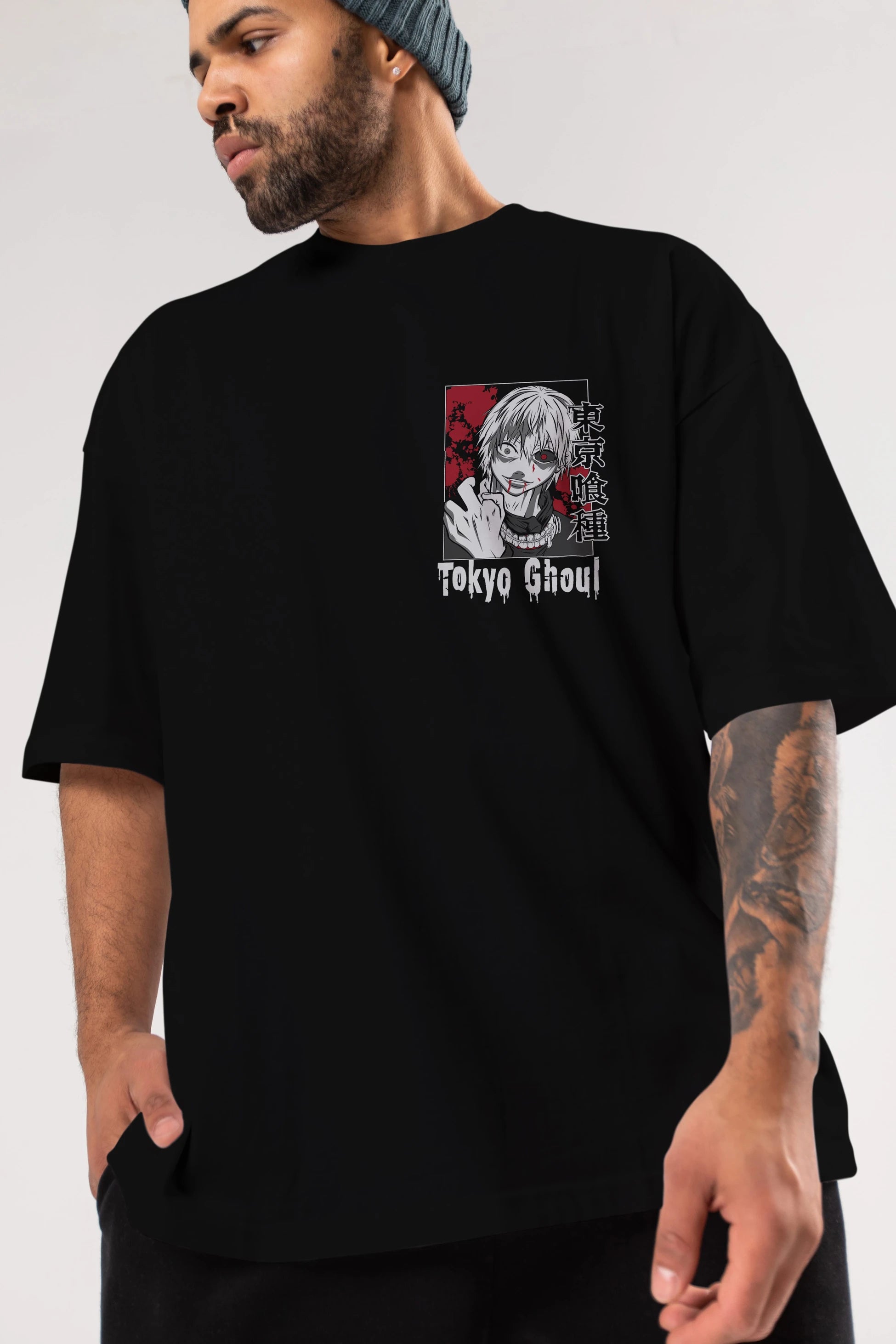 Kaneki Ken TOKYO GHOUL Ön Sol Baskılı Oversize t-shirt Erkek Kadın Unisex %100 Pamuk Bisiklet Yaka tişort
