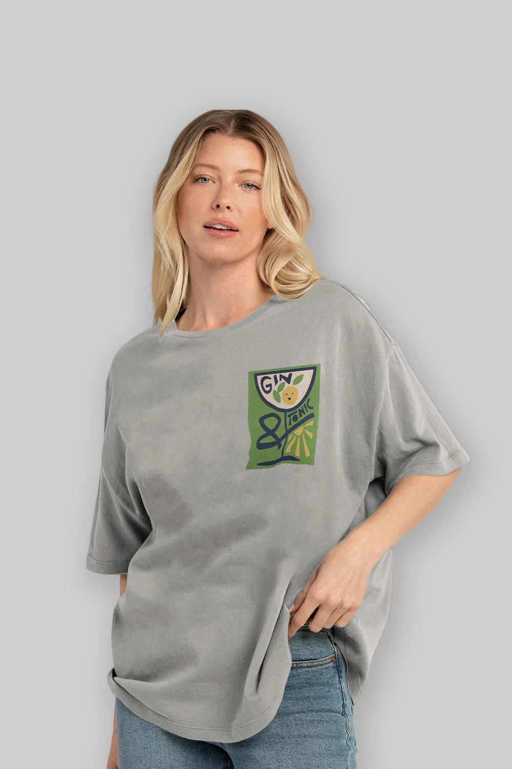 Gin Tonic 3 Ön Sol Baskılı Oversize t-shirt Erkek Kadın Unisex %100 Pamuk Bisiklet Yaka tişort
