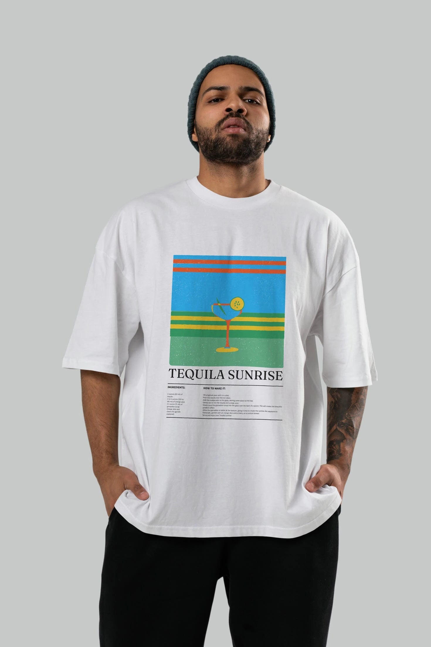 Tequila Sunrise Kokteyl Ön Baskılı Oversize t-shirt Erkek Kadın %100 Pamuk Bisiklet Yaka tişort