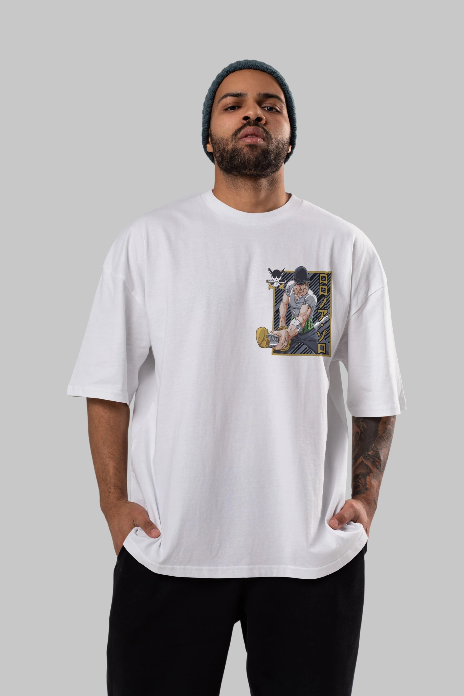 RORONOA ZORO Ön Sol Baskılı Oversize t-shirt Erkek Kadın Unisex %100 Pamuk Bisiklet Yaka tişort