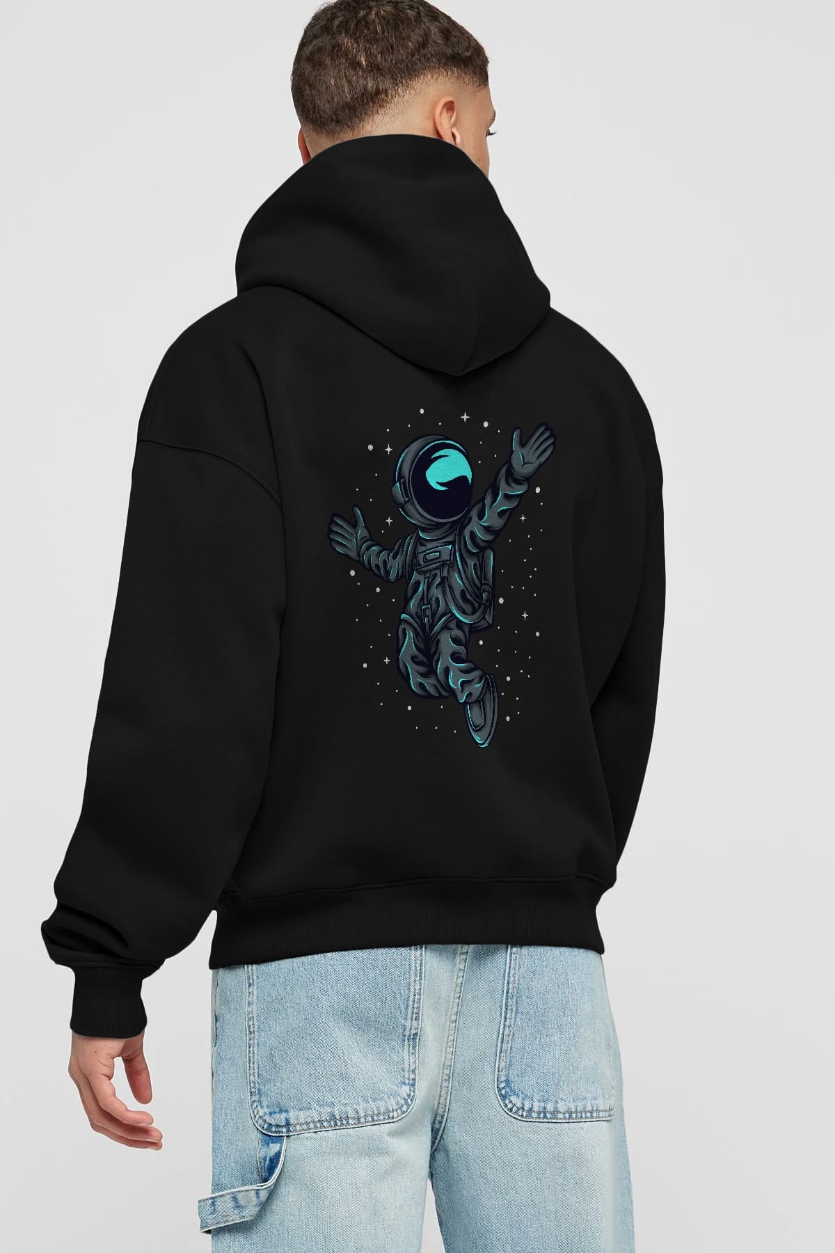 Happy Astronaut Arka Baskılı Hoodie Oversize Kapüşonlu Sweatshirt Erkek Kadın Unisex