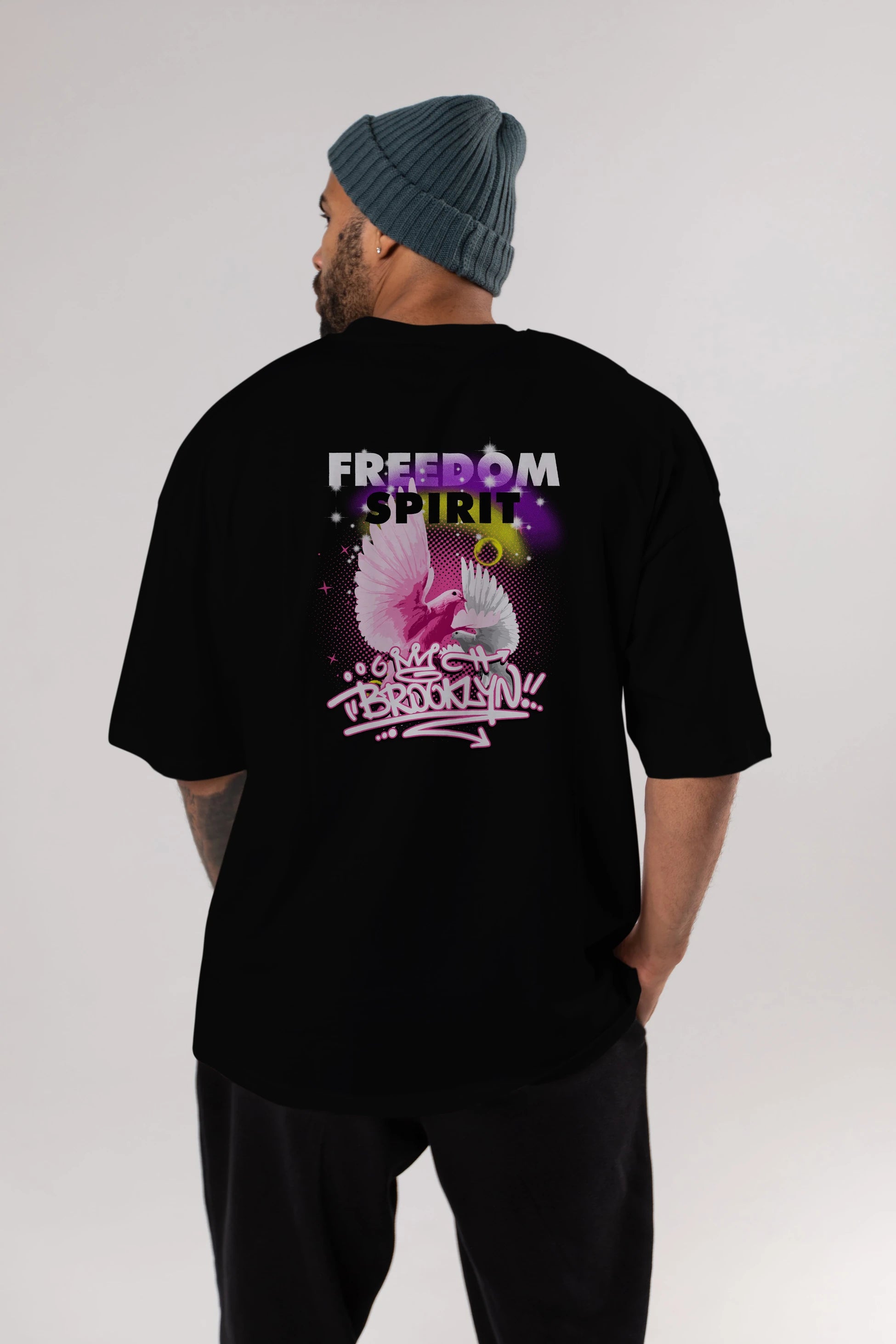 Freedom Spirit Brooklyn Arka Baskılı Oversize t-shirt Erkek Kadın Unisex