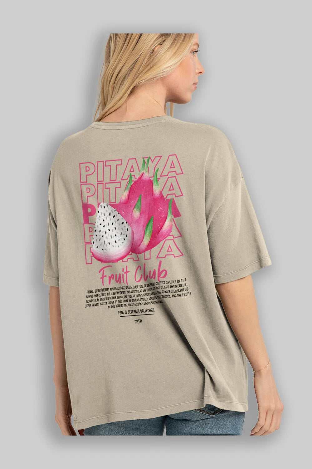 Pitaya Arka Baskılı Oversize t-shirt Erkek Kadın Pamuk Bisiklet Yaka tişort