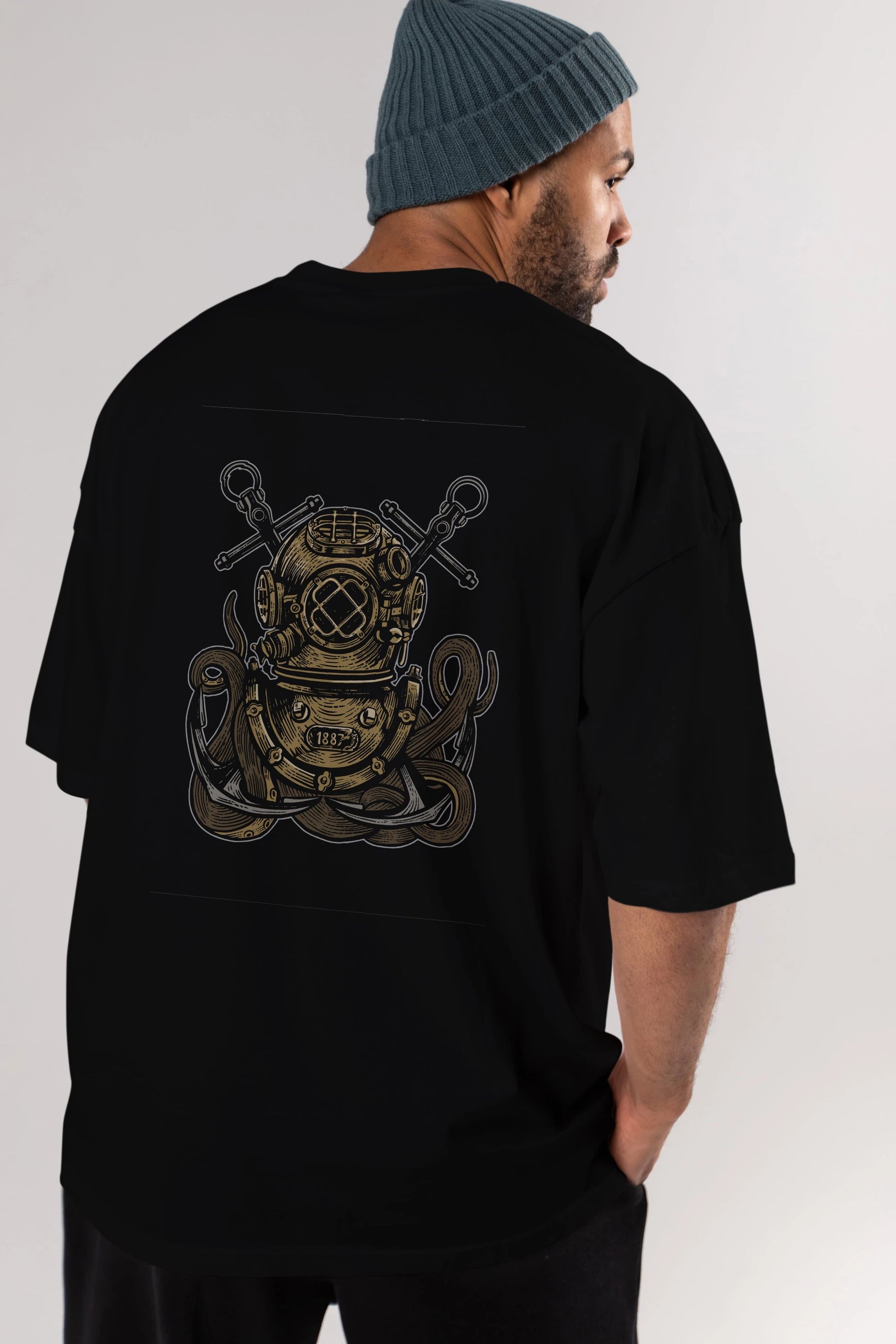 Diver Octopus Arka Baskılı Oversize t-shirt Erkek Kadın Unisex %100 Pamuk