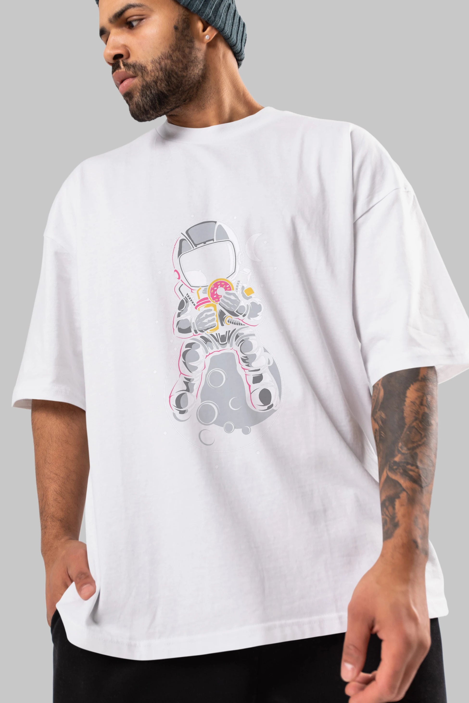 Astronaut Donuts Ön Baskılı Oversize t-shirt Erkek Kadın Unisex