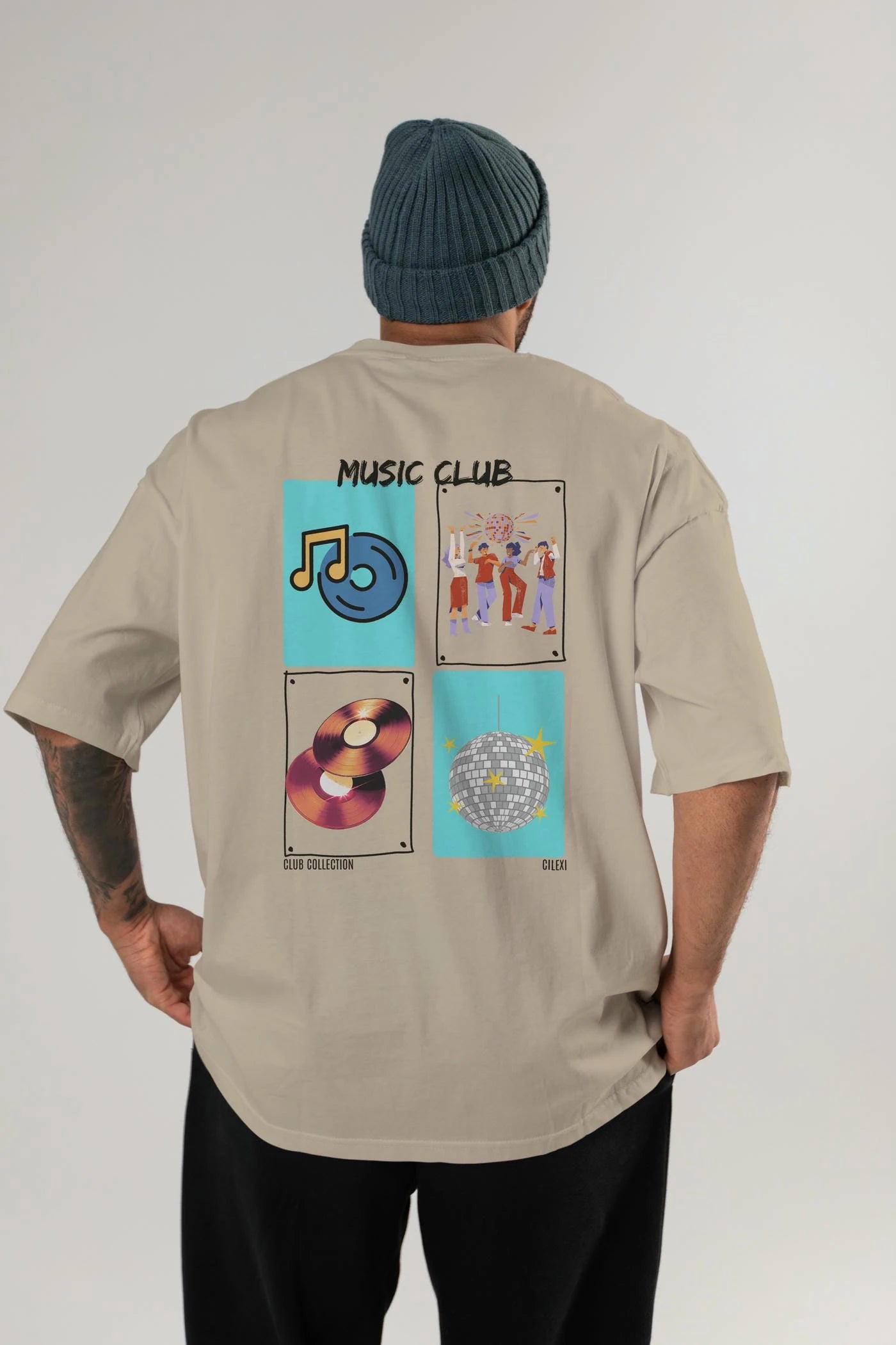 Music Club Arka Baskılı Oversize t-shirt Erkek Kadın %100 Pamuk Bisiklet Yaka tişort