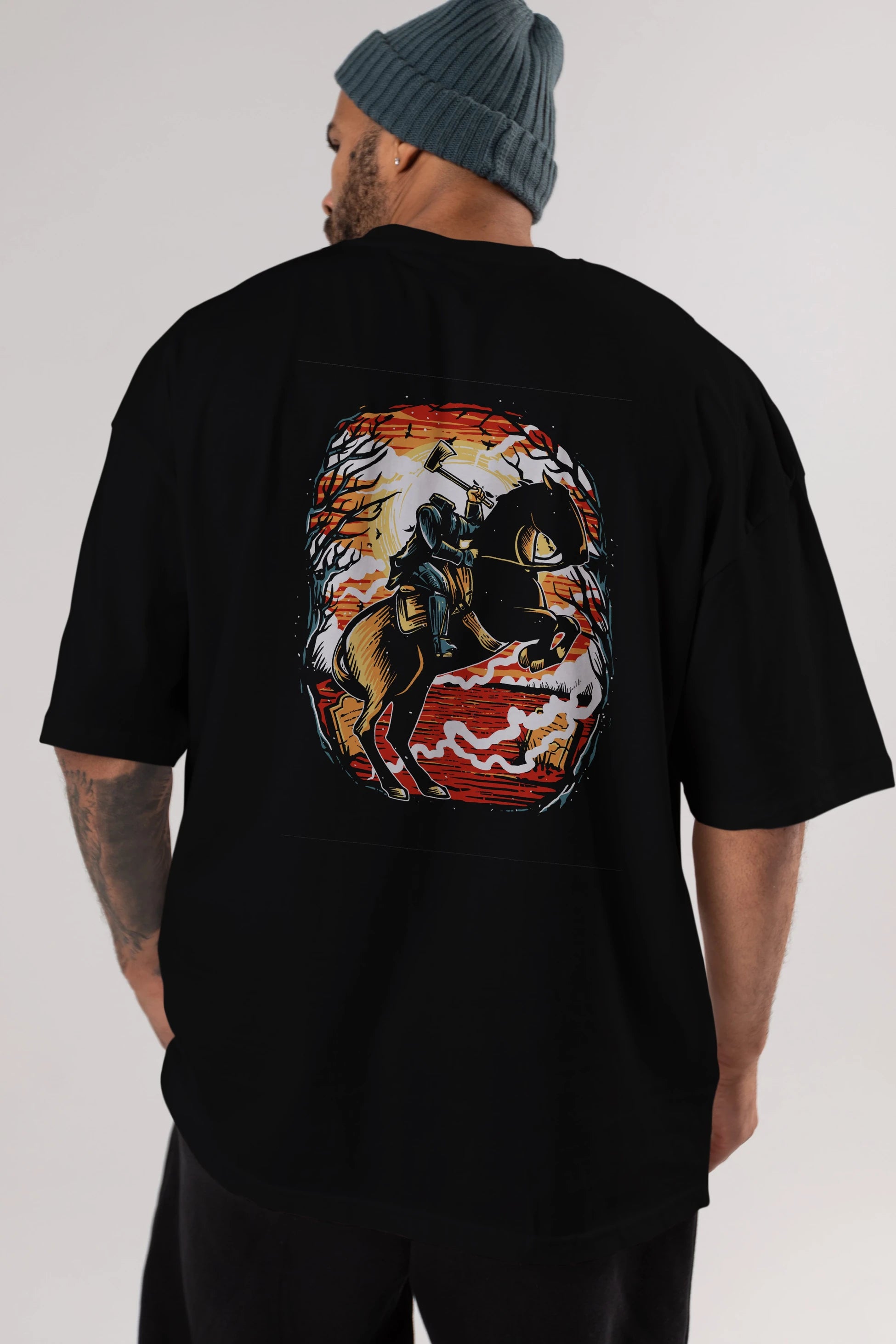 Headless Horseman Arka Baskılı Oversize t-shirt Erkek Kadın Unisex %100 Pamuk