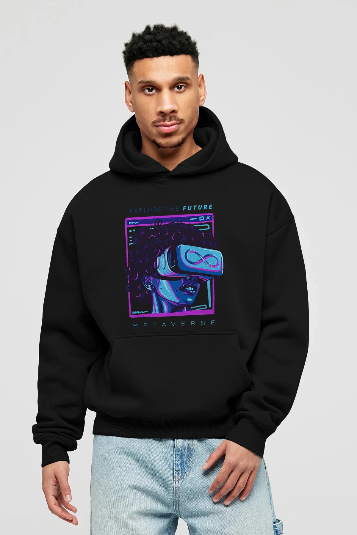 Metaverse Ön Baskılı Hoodie Oversize Kapüşonlu Sweatshirt Erkek Kadın Unisex