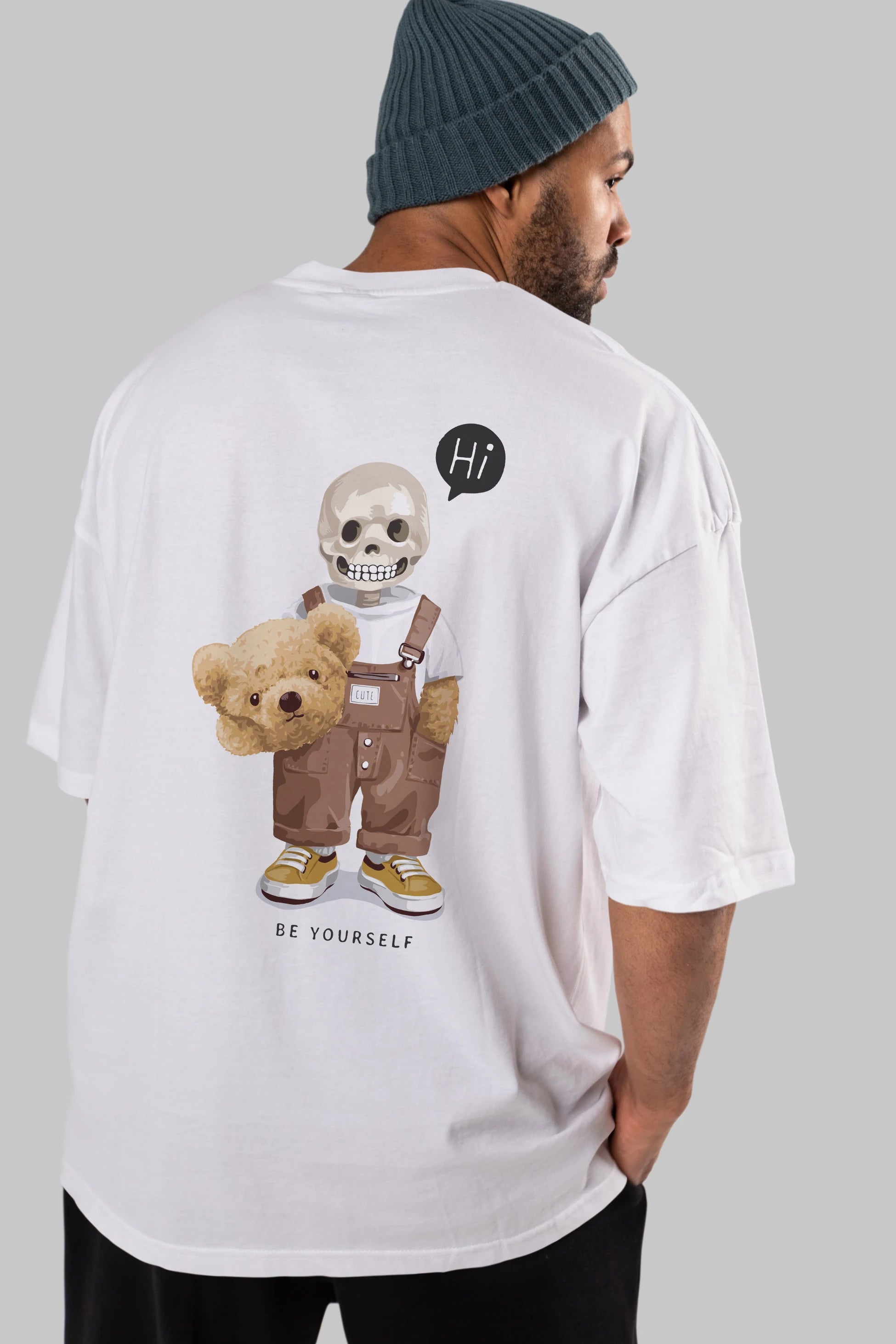 Teddy Bear hi Arka Baskılı Oversize t-shirt Erkek Kadın Unisex %100 Pamuk