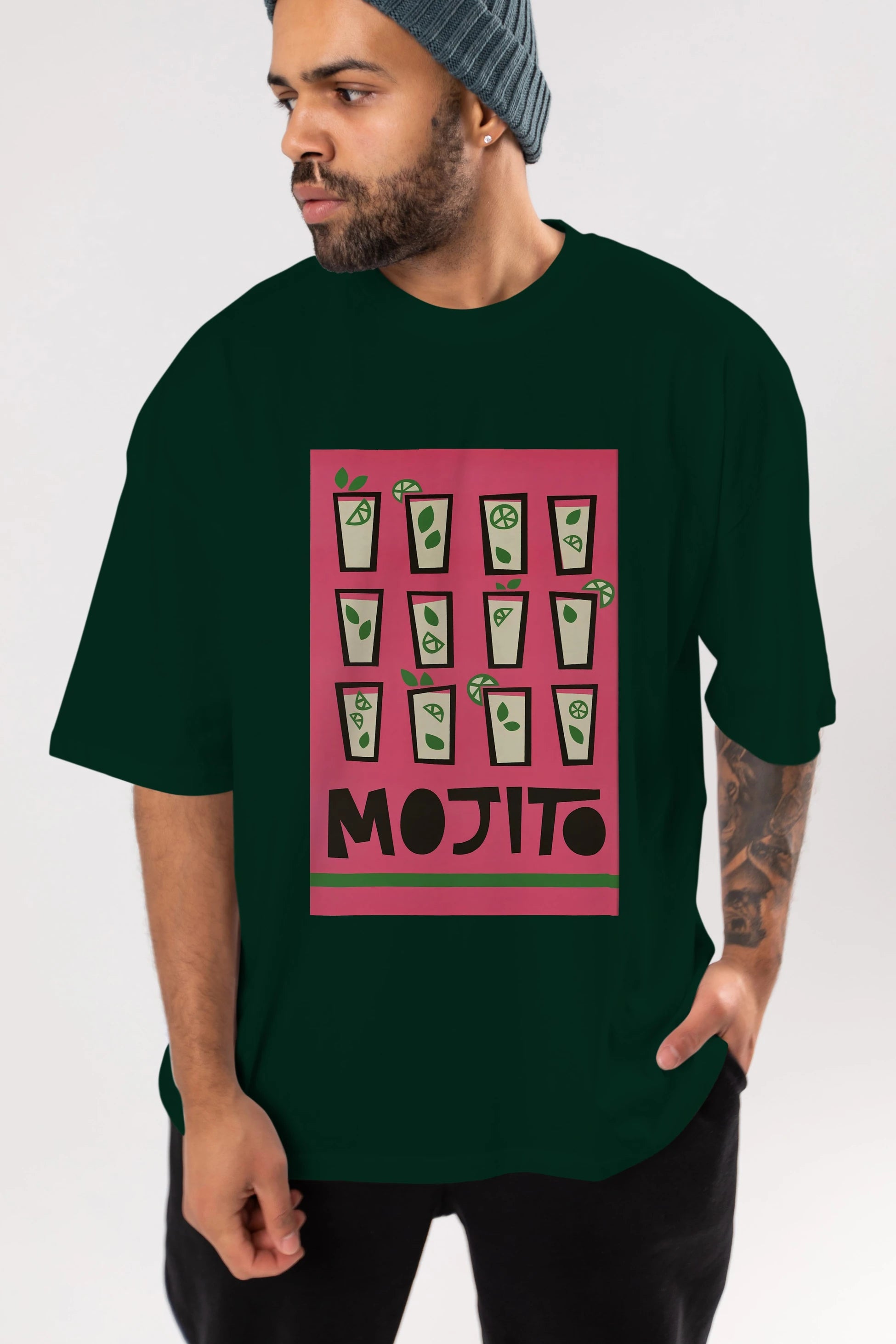 Mojito Ön Baskılı Oversize t-shirt Erkek Kadın Unisex %100 Pamuk Bisiklet Yaka tişort