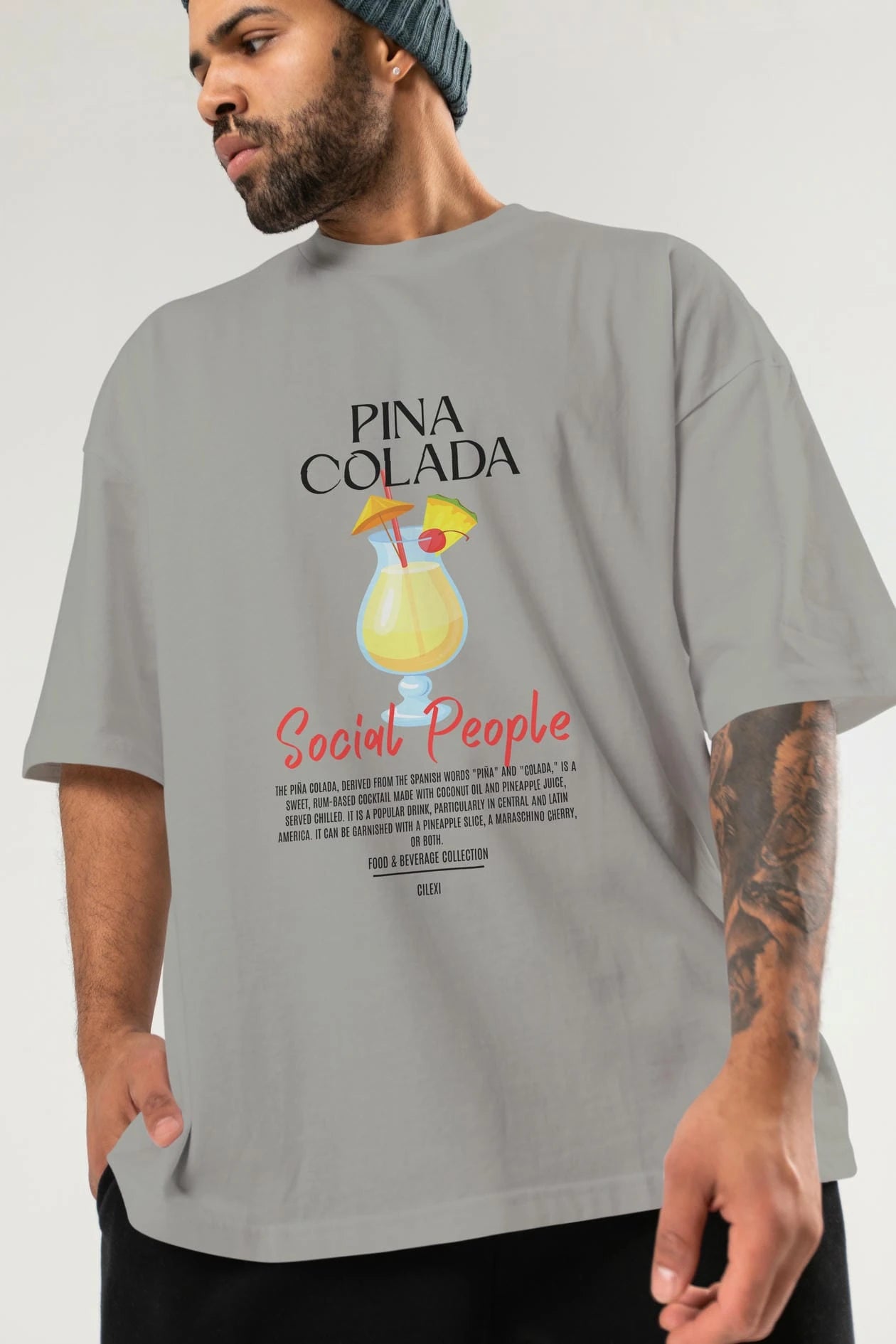 Pına Colada Kokteyl Serisi ön Baskılı Oversize t-shirt Erkek Kadın %100 Pamuk Bisiklet Yaka tişort