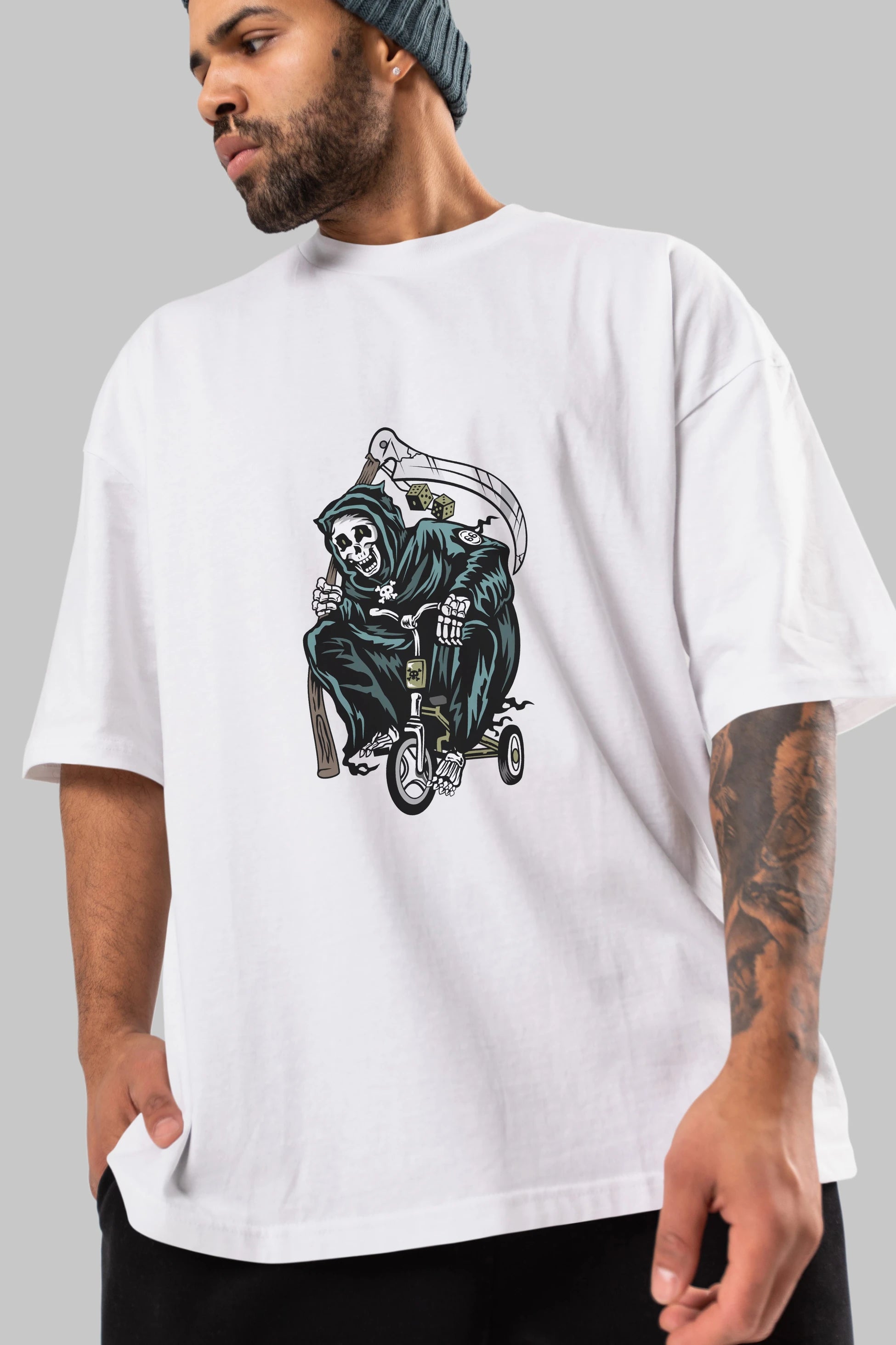Grim Reaper Bicycle Ön Baskılı Oversize t-shirt Erkek Kadın Unisex %100 Pamuk tişort