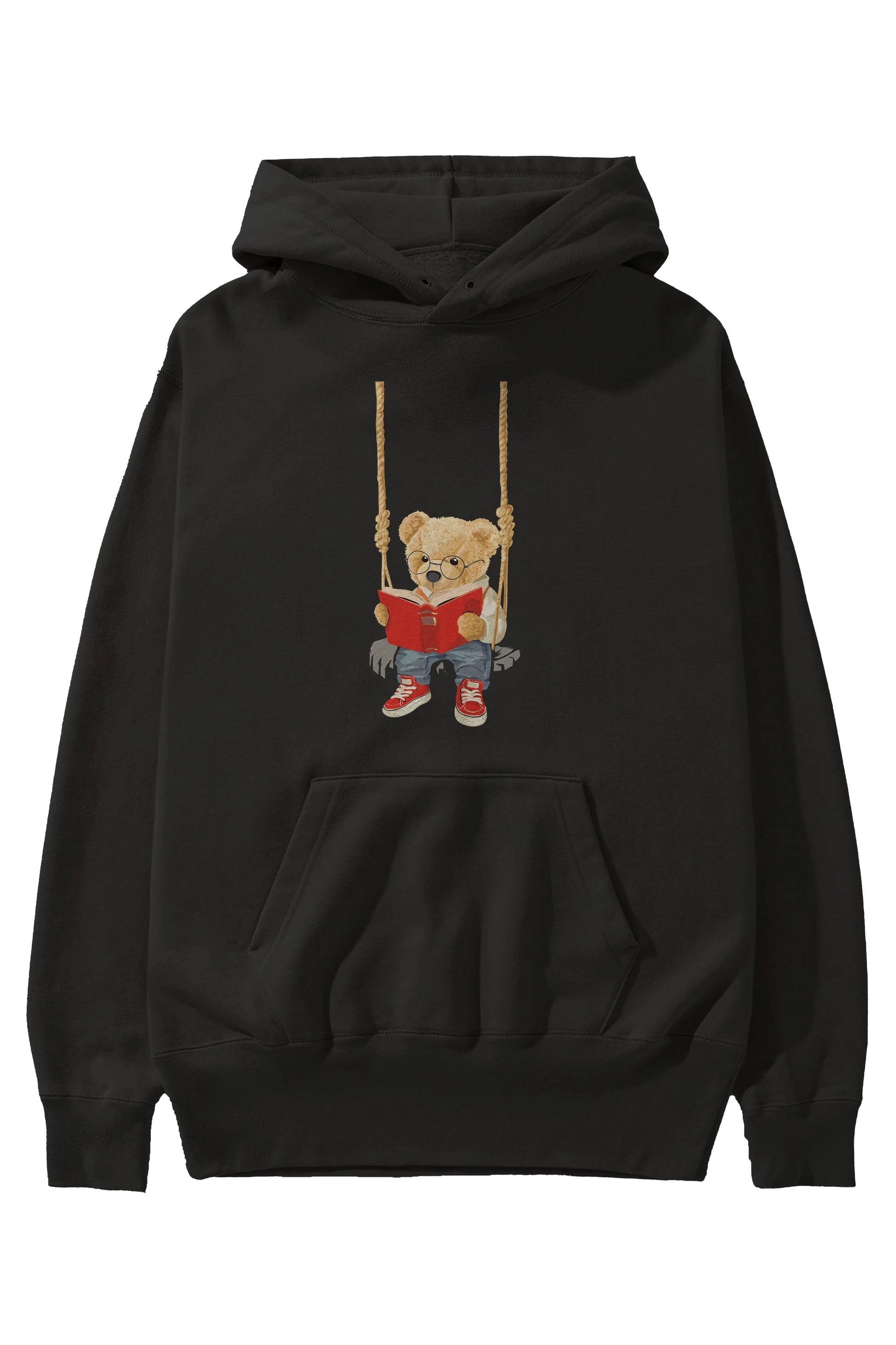 Teddy Bear Enjoy Reading Ön Baskılı Hoodie Oversize Kapüşonlu Sweatshirt Erkek Kadın Unisex