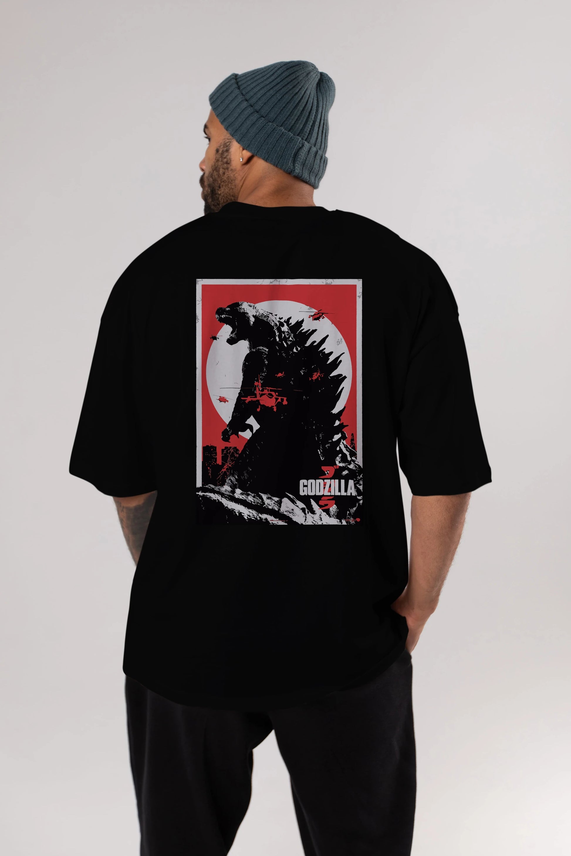 Godzilla (2) Arka Baskılı Oversize t-shirt Erkek Kadın Unisex %100 Pamuk Bisiklet Yaka tişort