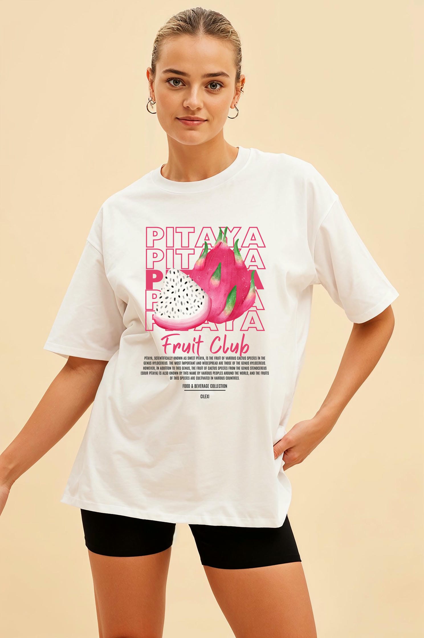Pitaya Ön Baskılı Oversize t-shirt Erkek Kadın Pamuk Bisiklet Yaka tişort