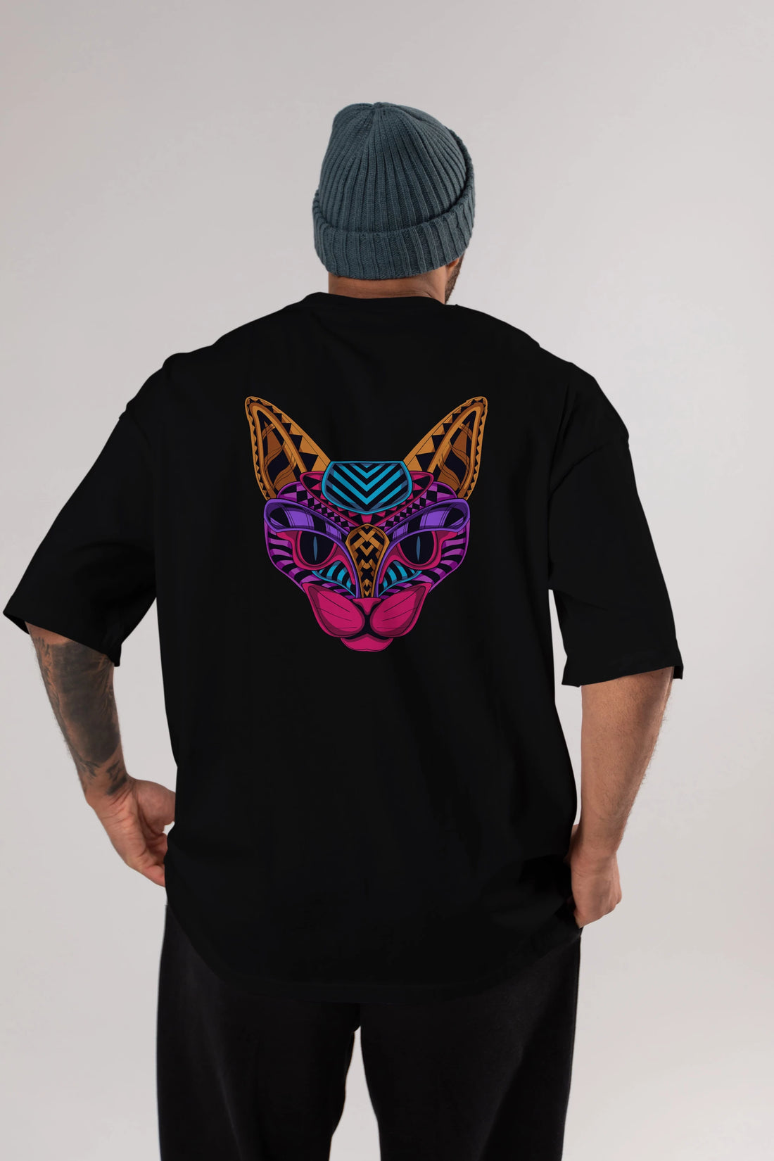 Black Neon Cat Arka Baskılı Oversize t-shirt Erkek Kadın Unisex