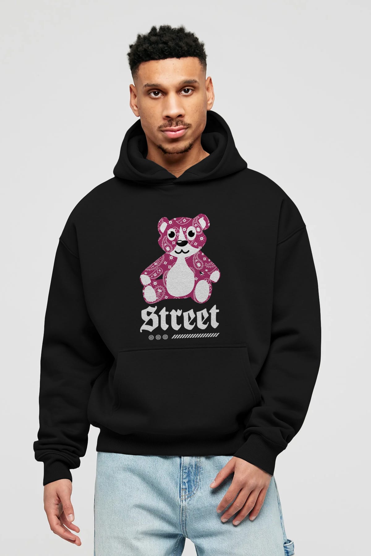 Street Bear Ön Baskılı Hoodie Oversize Kapüşonlu Sweatshirt Erkek Kadın Unisex
