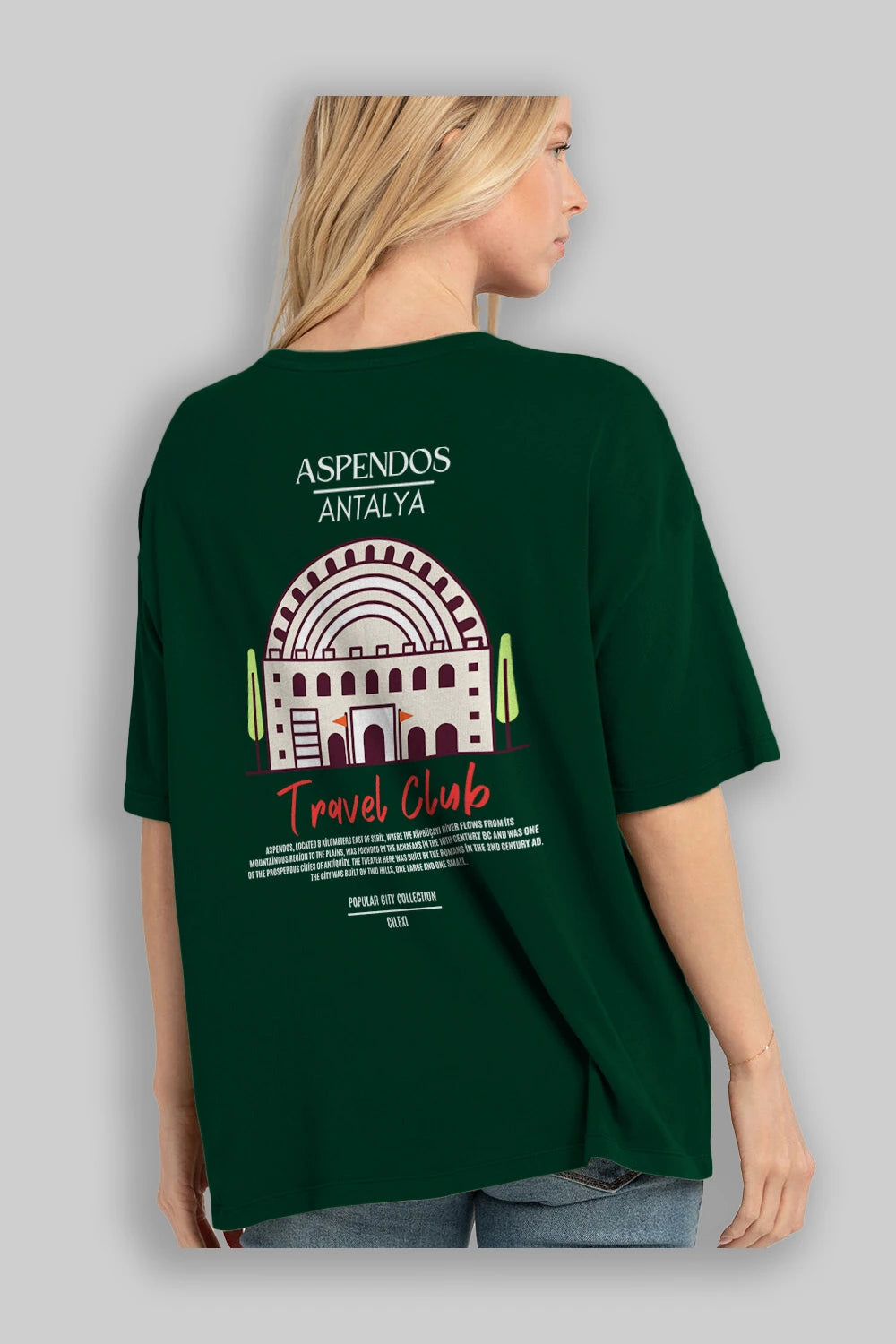 Aspendos Antalya Arka Baskılı Oversize t-shirt Erkek Kadın Pamuk Bisiklet Yaka tişort