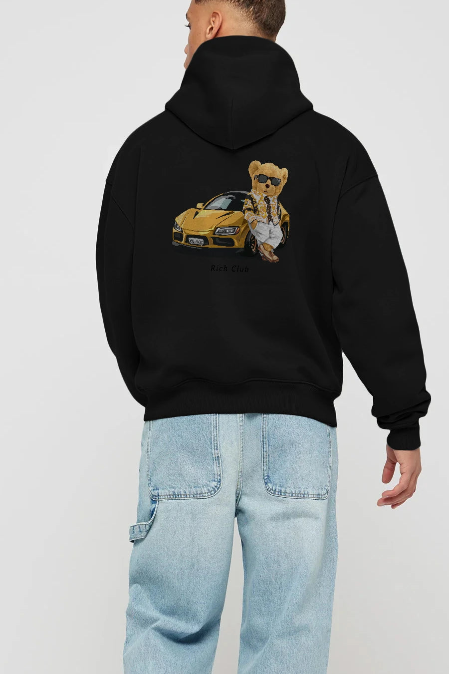 Teddy Bear Rich Club Arka Baskılı Hoodie Oversize Kapüşonlu Sweatshirt Erkek Kadın Unisex