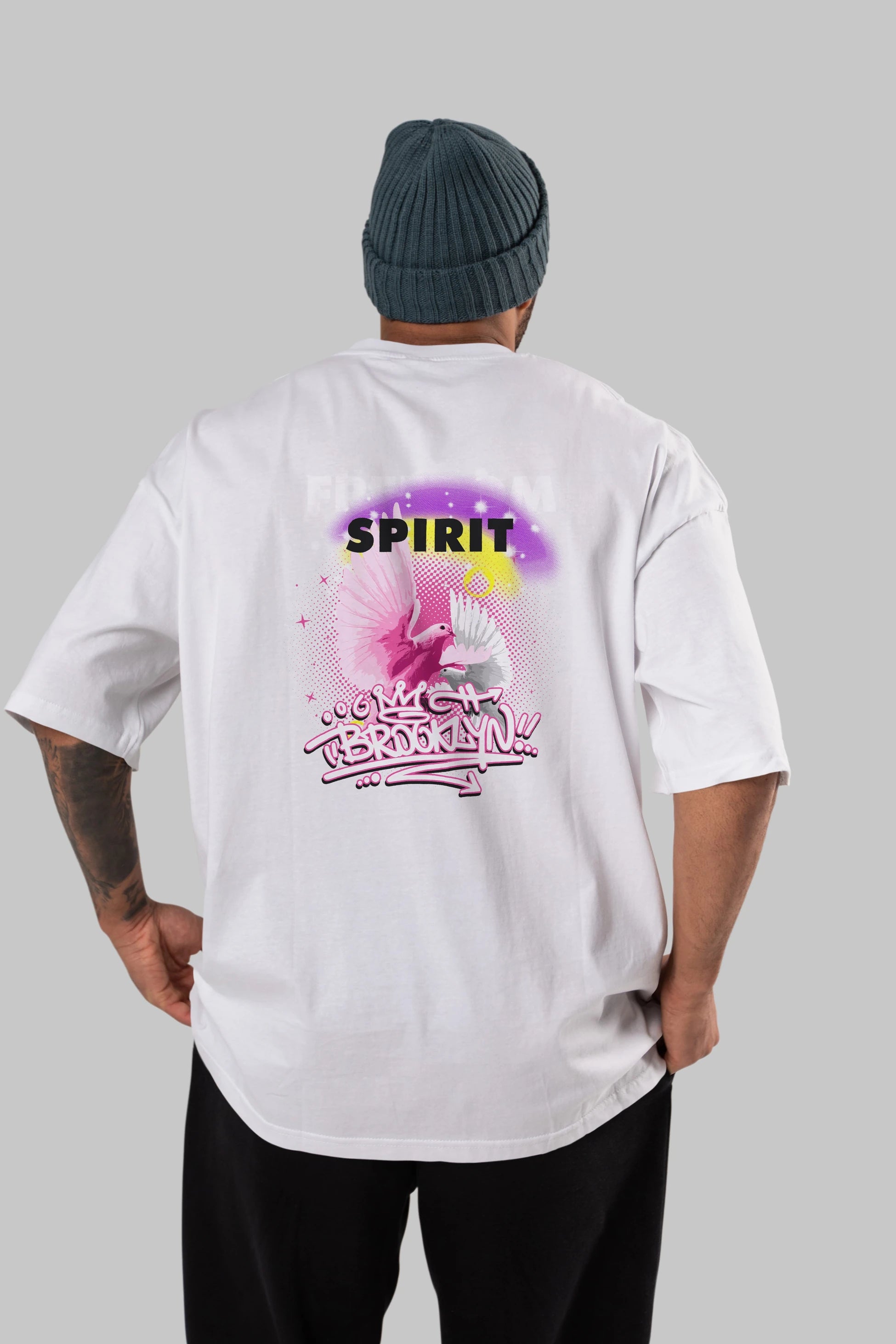 Freedom Spirit Brooklyn Arka Baskılı Oversize t-shirt Erkek Kadın Unisex