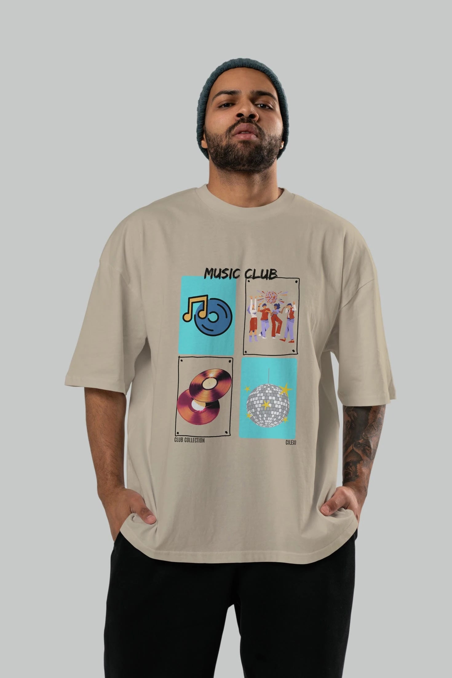 Music Club ön Baskılı Oversize t-shirt Erkek Kadın %100 Pamuk Bisiklet Yaka tişort