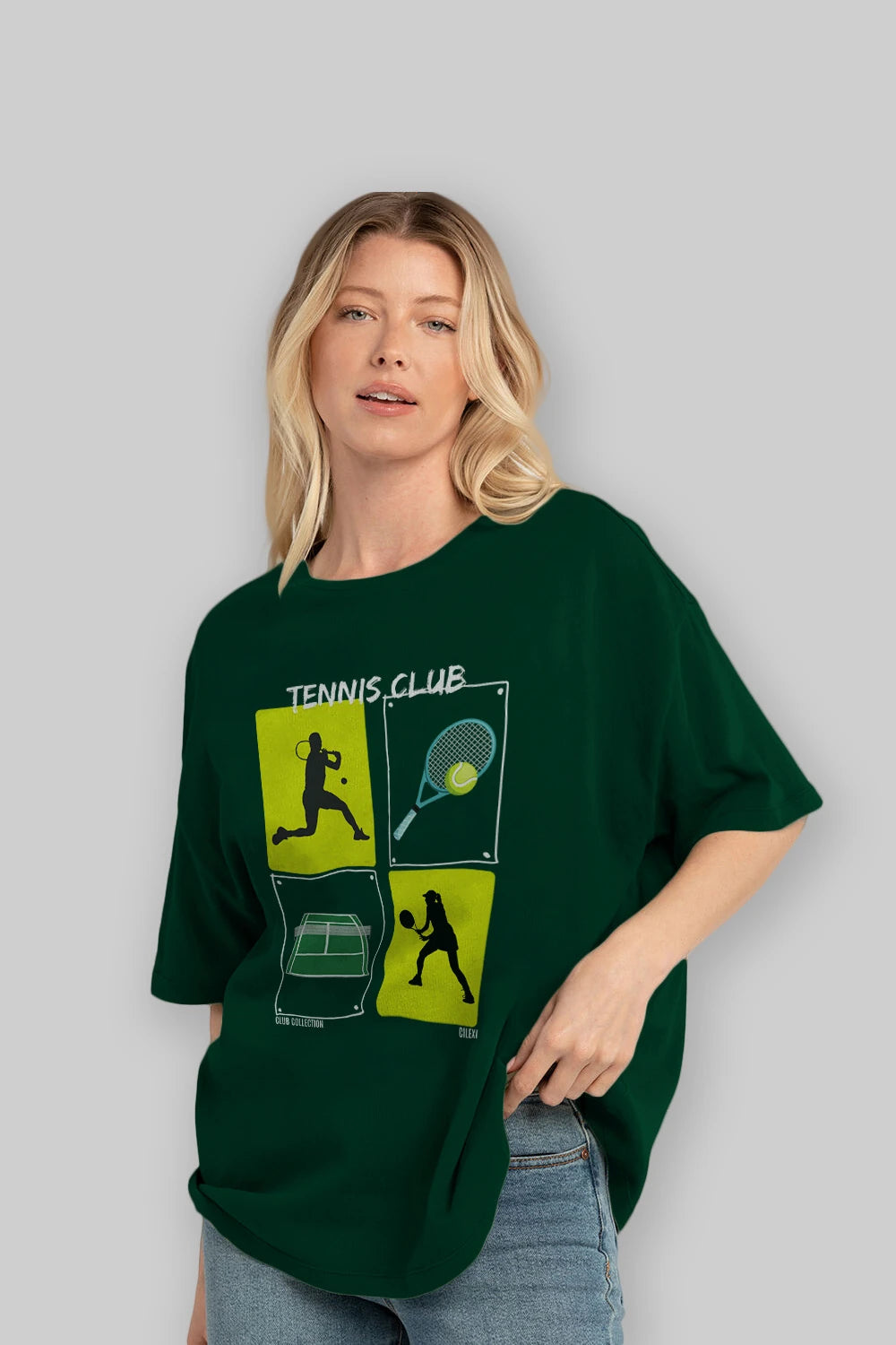 Tennis Club ön Baskılı Oversize t-shirt Erkek Kadın %100 Pamuk Bisiklet Yaka tişort