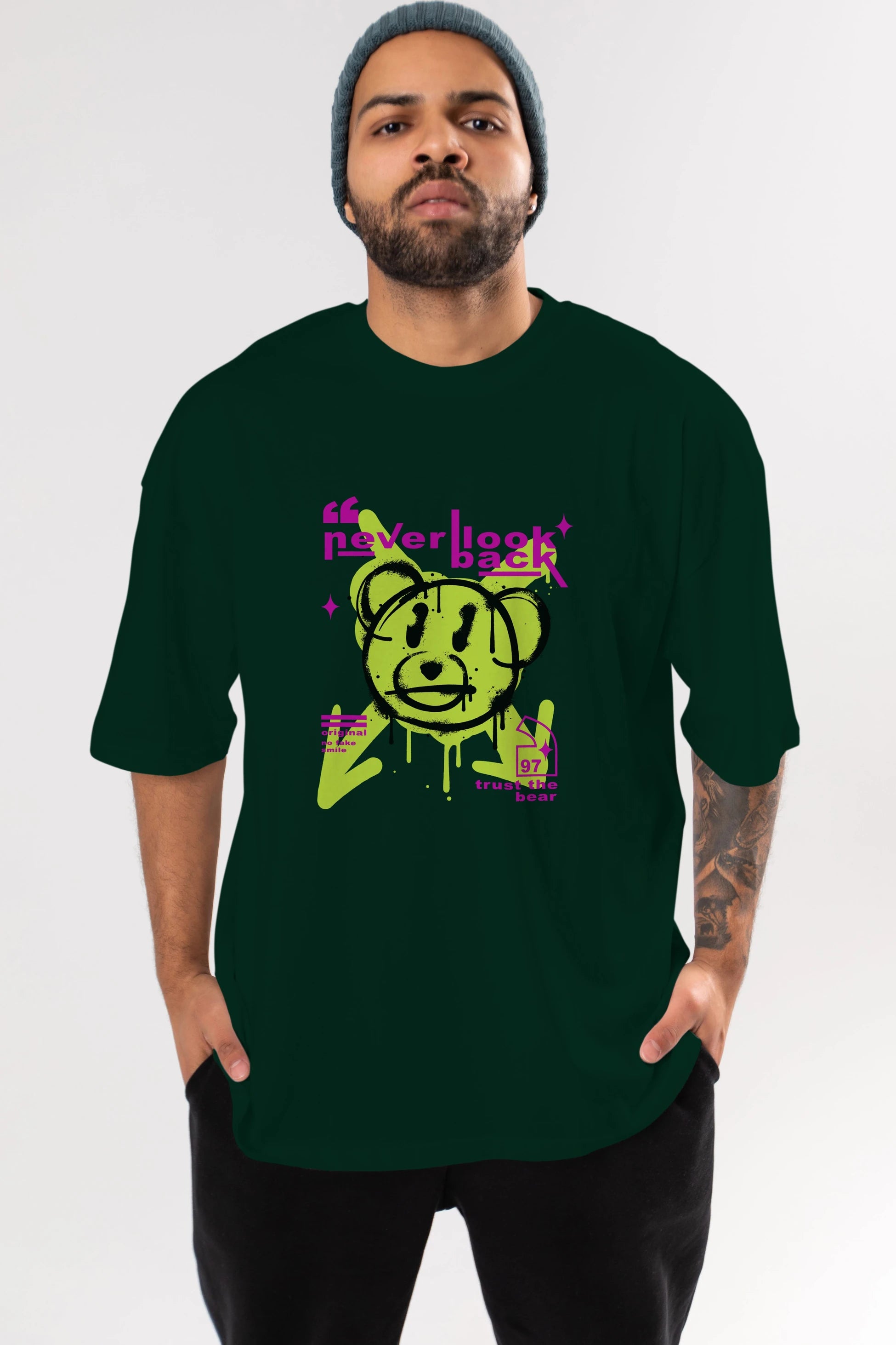 Never Look Back Bear Ön Baskılı Oversize t-shirt Erkek Kadın Unisex